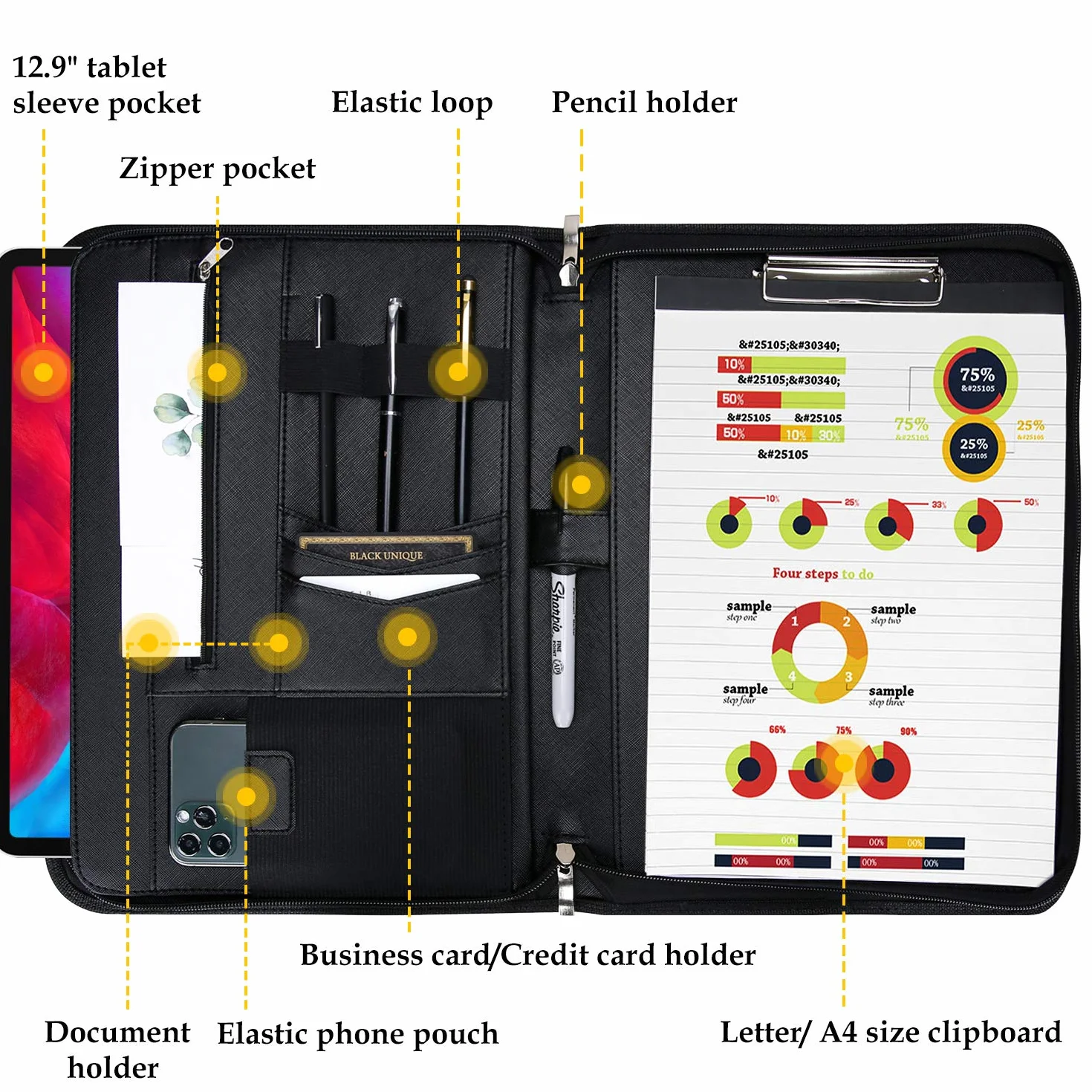 ProCase Portafolio Grande con Cremallera, Portacuaderno Profesional Organiza Documento/Tarjetas/Plumas, Bolsillo de Tableta y Móvil Carpeta de Cuaderno de Notas - Negro