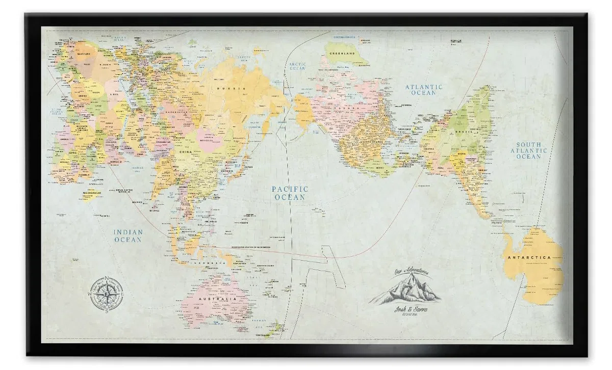 AuthaGraph - Póster de mapa del mundo, mapa de viaje personalizado con chinchetas, mapa de pared de autógrafo clásico, póster de globo preciso, mapa enmarcado del mundo en lienzo, regalo de geografía