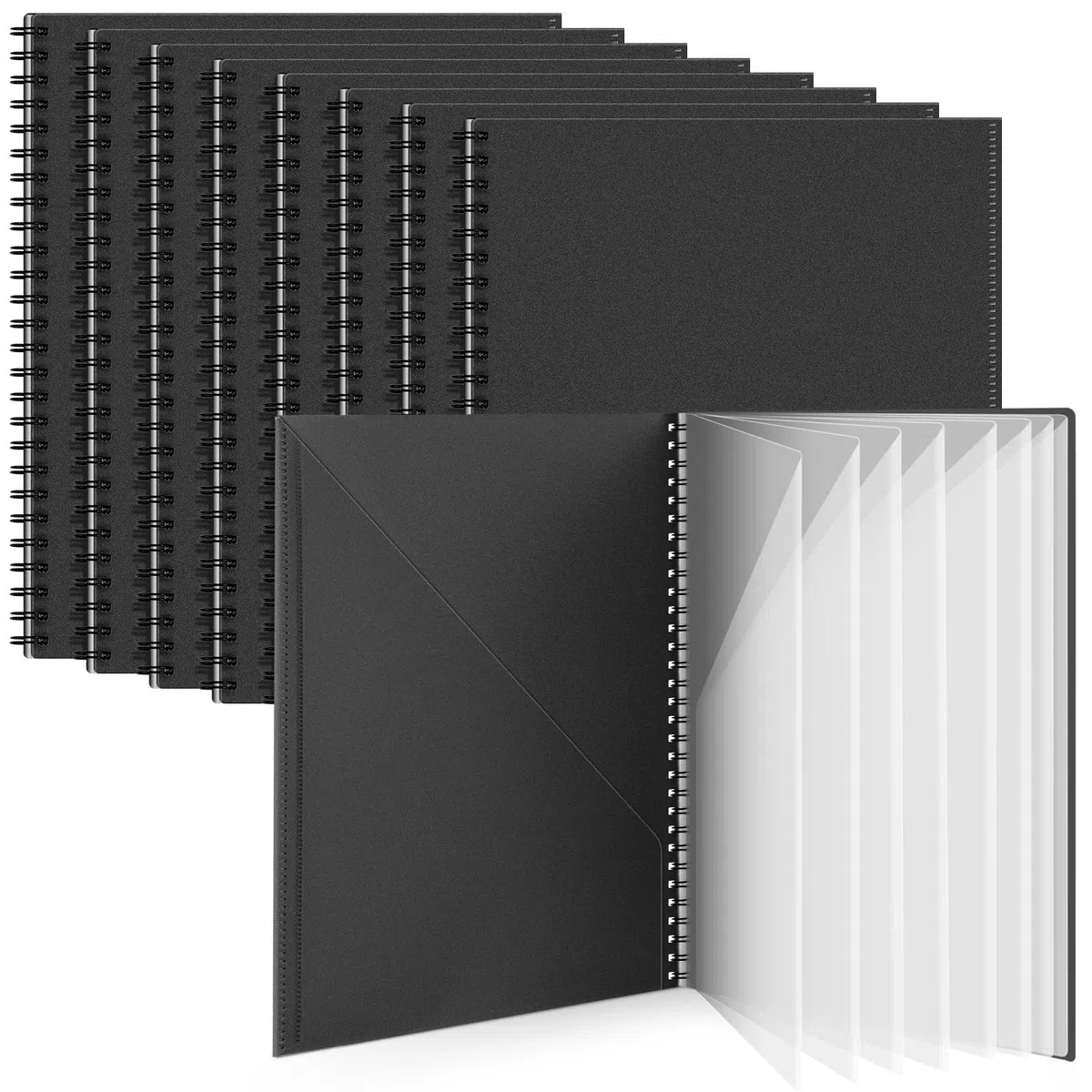 Qilery Carpetas de 8 piezas con bolsillos en espiral, 10 bolsillos, organizador de carpetas con 8 bolsillos transparentes, carpeta de documentos, carpeta negra con fundas de plástico para escuela,