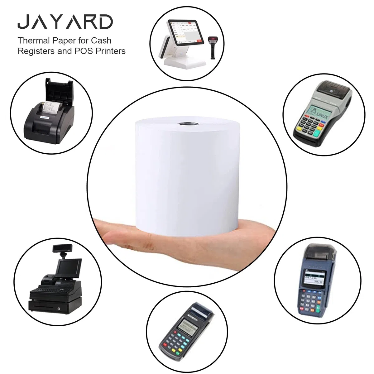 Jayard Jayard-TP - Rollos de papel térmico de 2-1/4 x 50 pies para tarjeta de crédito, rollos de caja registradora de 58 mm, papel de impresora térmica Pos de alta calidad (10 rollos)