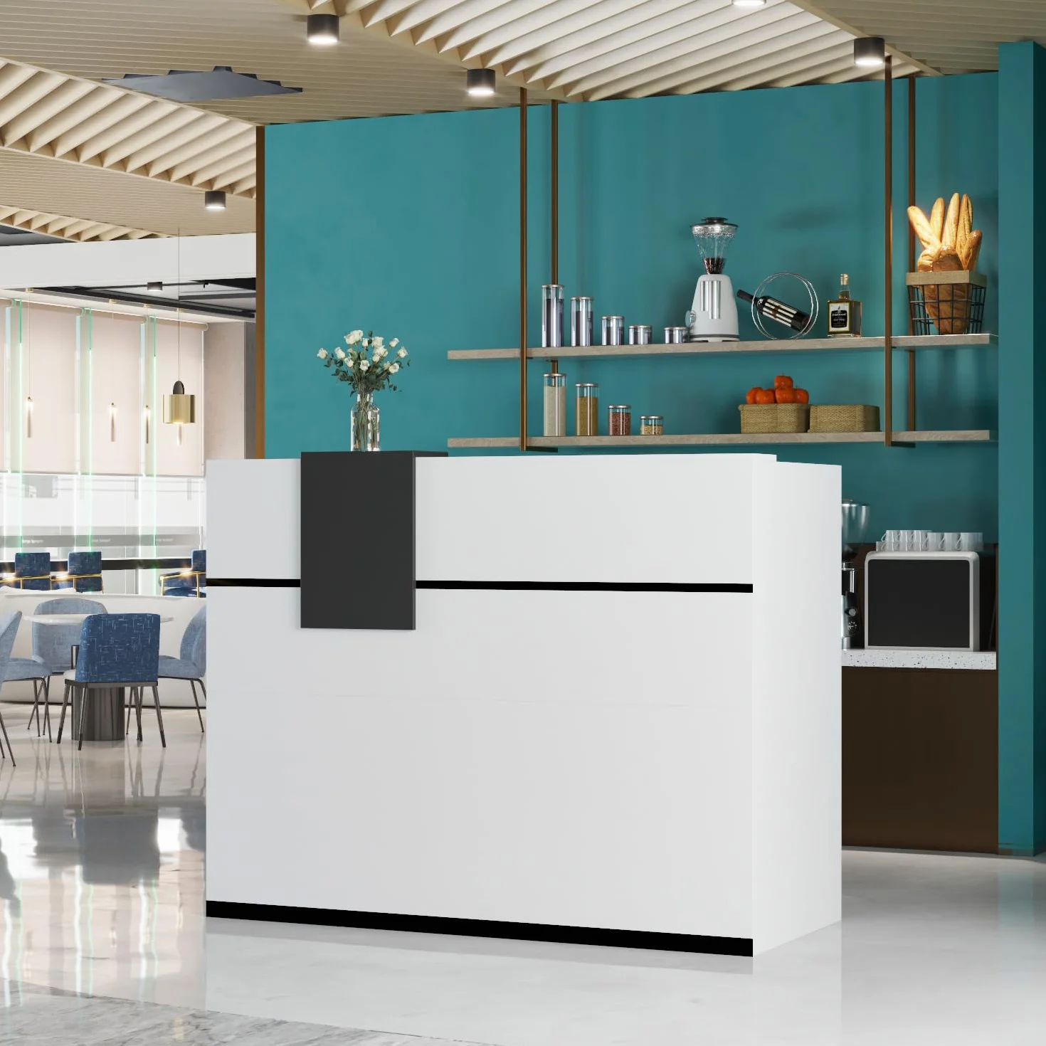 Mostrador de recepción con cajones y armarios con cerradura, estantes ajustables, 140x60x110cm, MDF