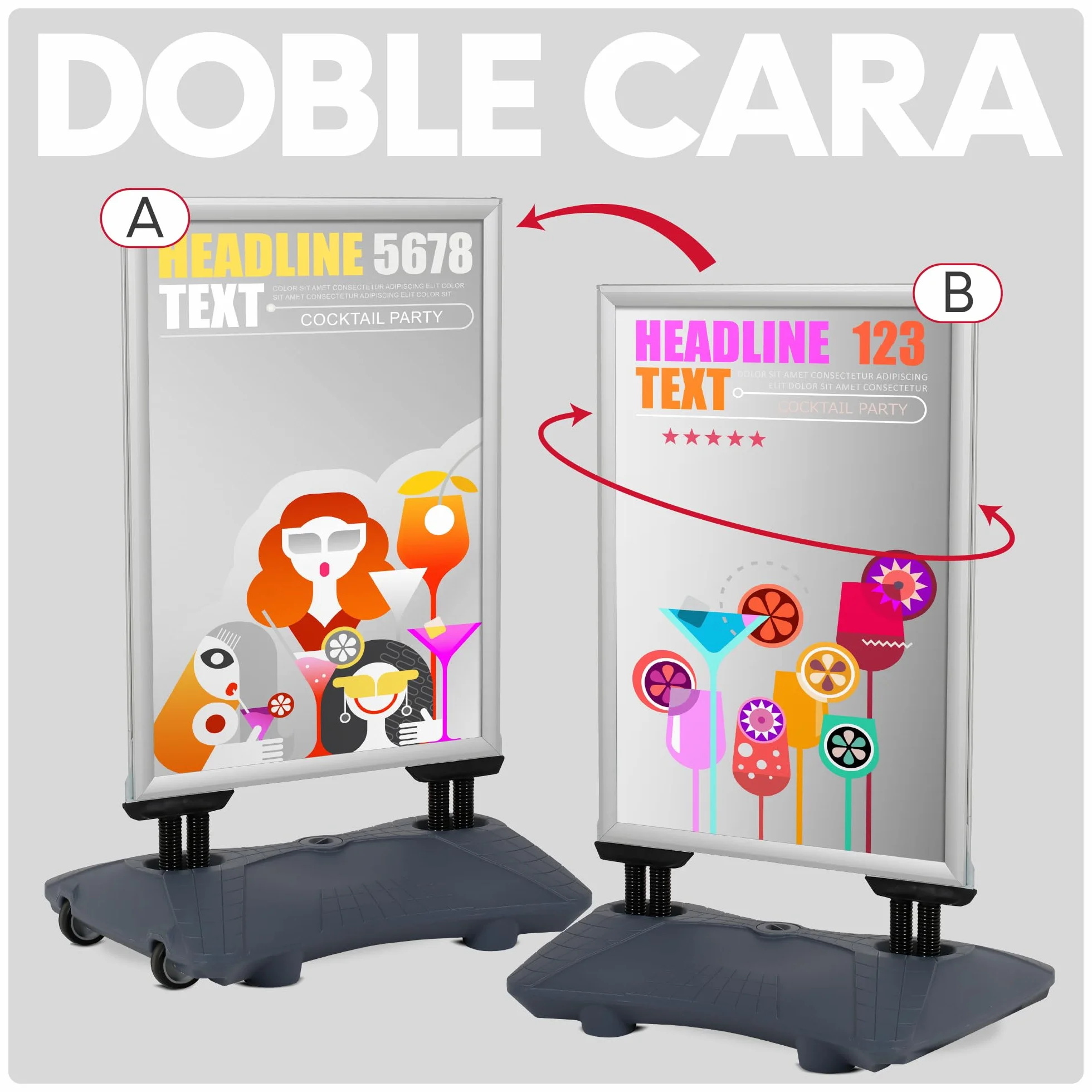 Expositor Publicitario Exterior con Base Rellenable y Ruedas | Soporte para Carteles con Marco de Apertura Click | Ideal para Publicidad en Calles y Comercios | A0 | Gris