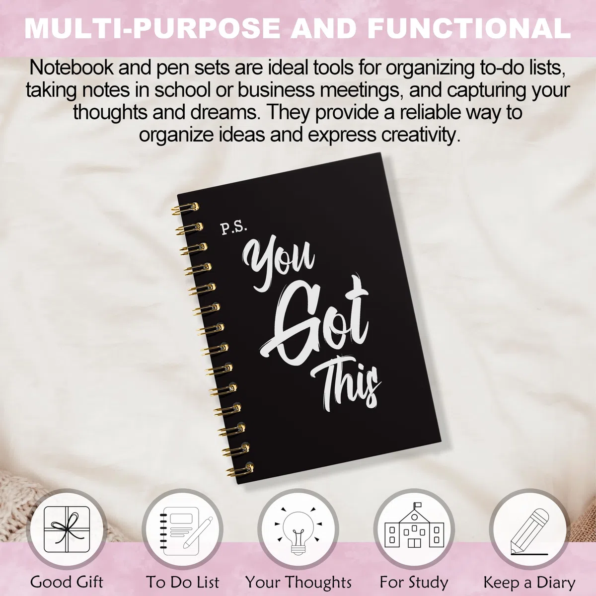 WFSM You Got This - Cuaderno de espiral, cuadernos inspiradores para mujeres y hombres, diario motivacional, cuadernos en espiral de tapa dura negra para tomar notas de trabajo, 5.5 x 8.3 pulgadas