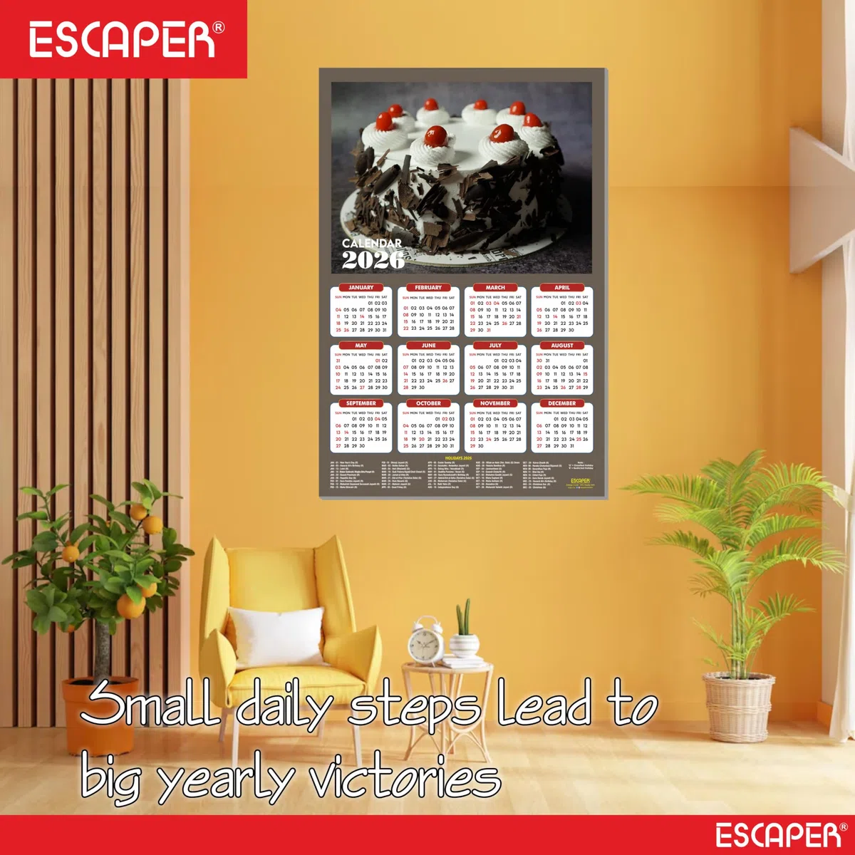 ESCAPER Calendario de pared 2026 con platos de comida, 45 x 30 cm, panadería, cafetería, pizza, comida rápida y cocina china, calendario de decoración de pared para el hogar, cocina y restaurante
