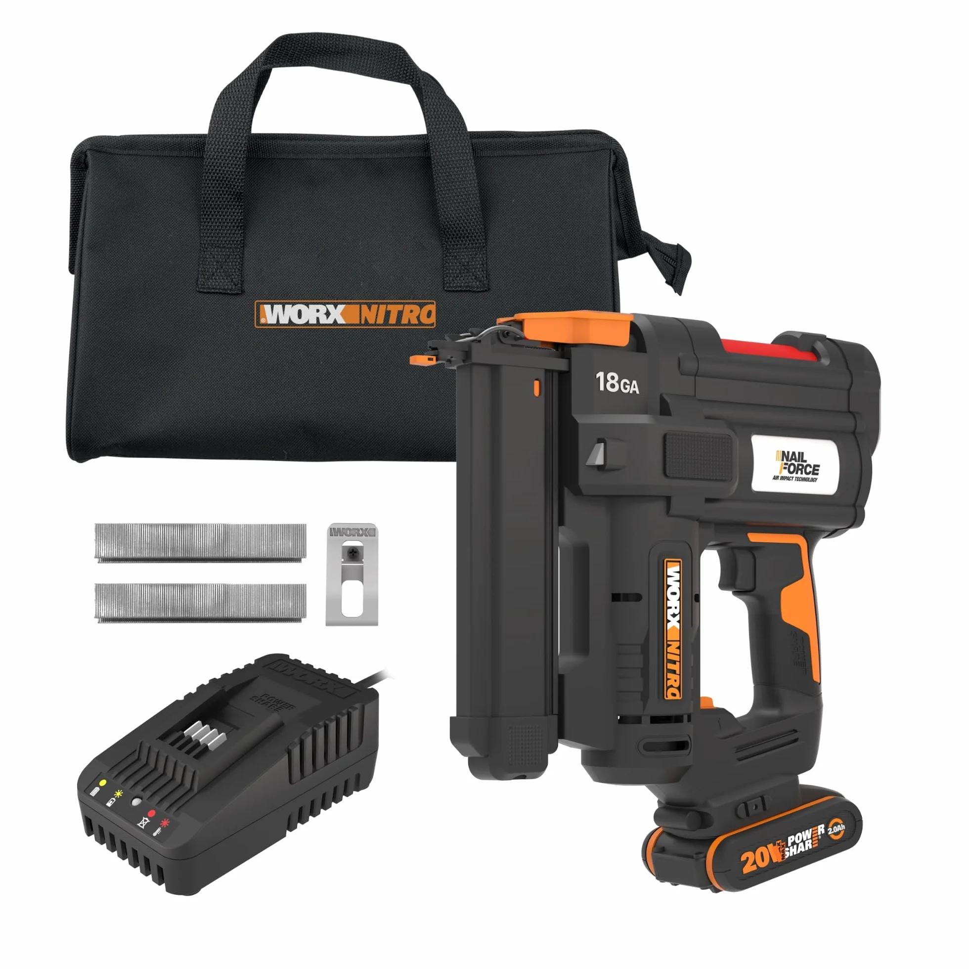 WORX WX844 Nitro – Grapadora eléctrica inalámbrica 20 V – 2 Ah – Dispara hasta 80 grapas por minuto – Desbloqueo sin herramientas – (incluye batería y cargador| 200 grapas 18 GA| gancho de cinturón)