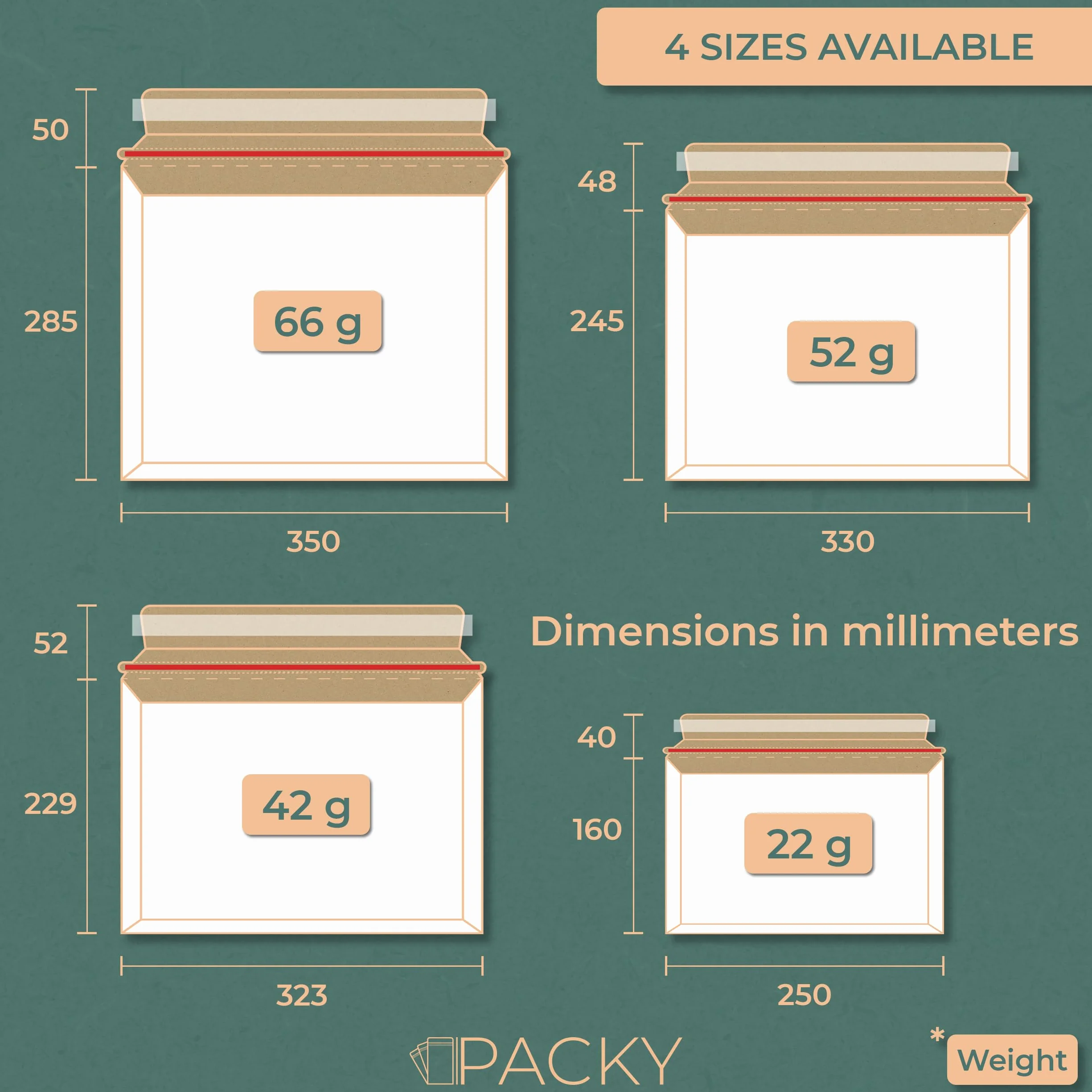 PACKY - Sobres Cartón C4 323x229 mm - 50 Unidades - Blanco - Cierre Autoadhesivo