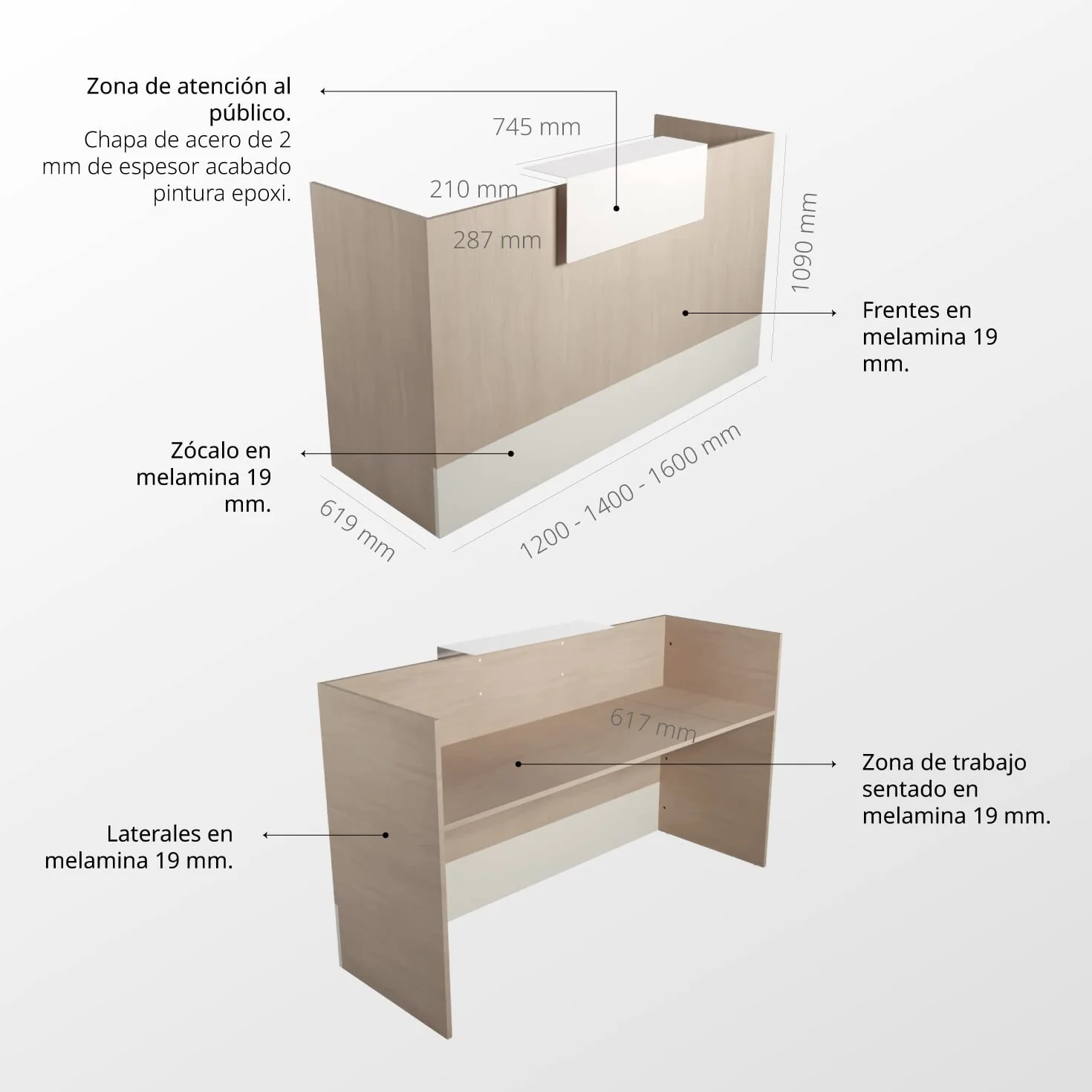 Mesa Mostrador Recepción OFITURIA 1200mm Castaño Blanco Mueble Escritorio Tienda Oficina
