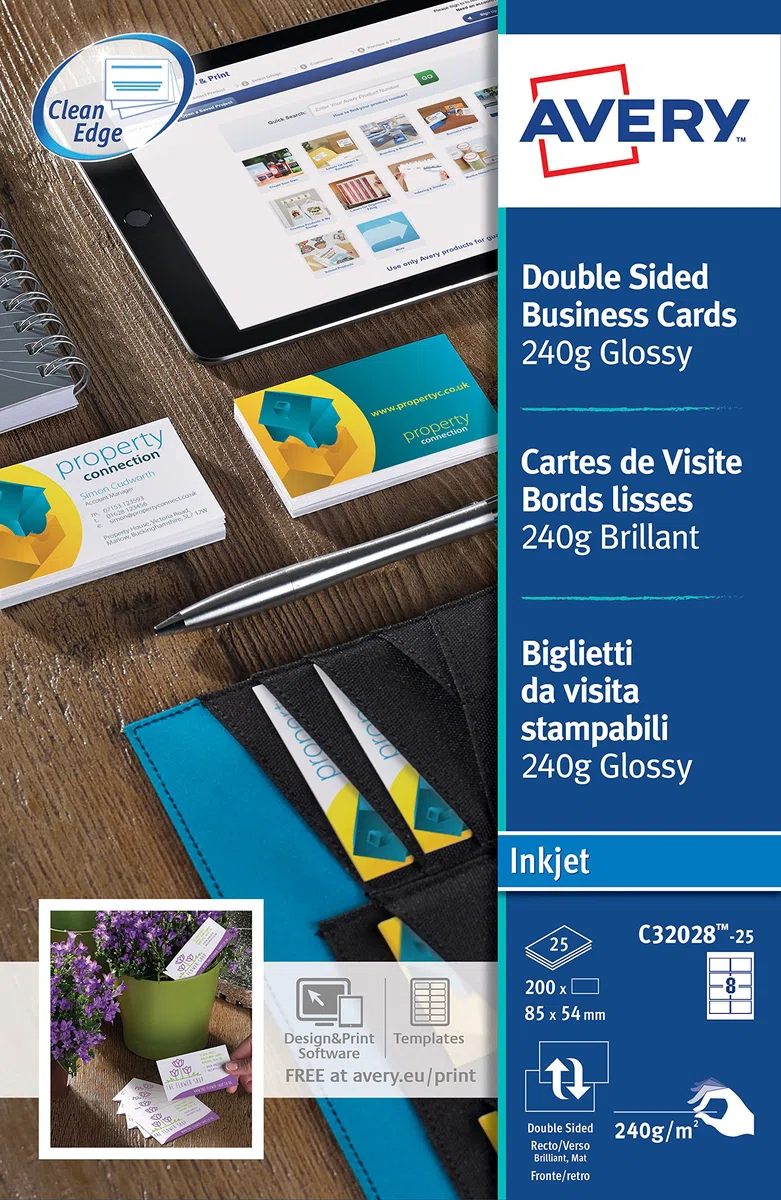 Avery C32028-25 - Tarjetas de visita (85 x 54 mm, 200 unidades, doble cara), color blanco