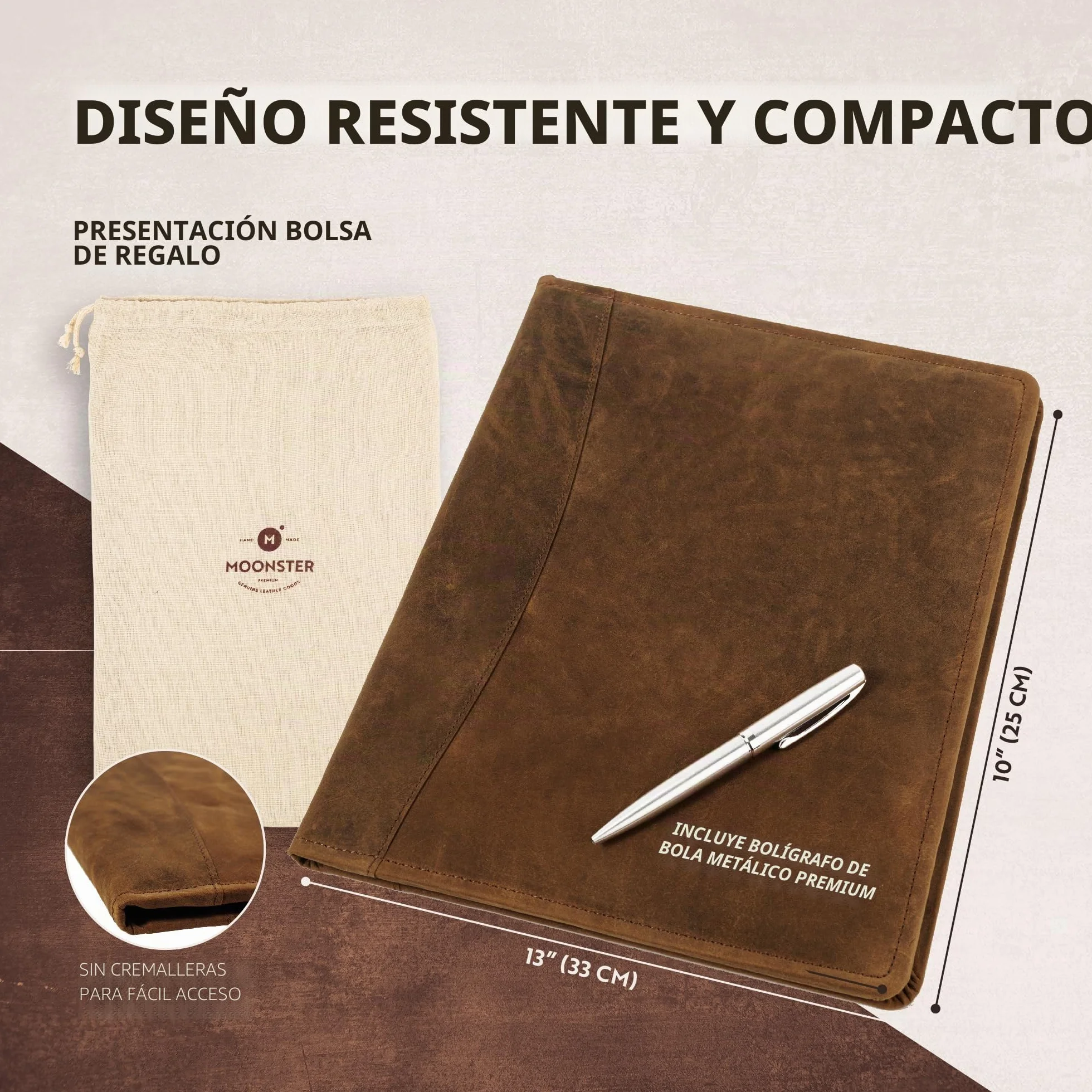 Moonster Portadocumentos de Cuero – Carpeta de Documentos A4 – Portafolio de Cuero con Lujoso Bolígrafo Bloc de Notas y Portatarjetas – Portadocumentos para Mujer y Hombre