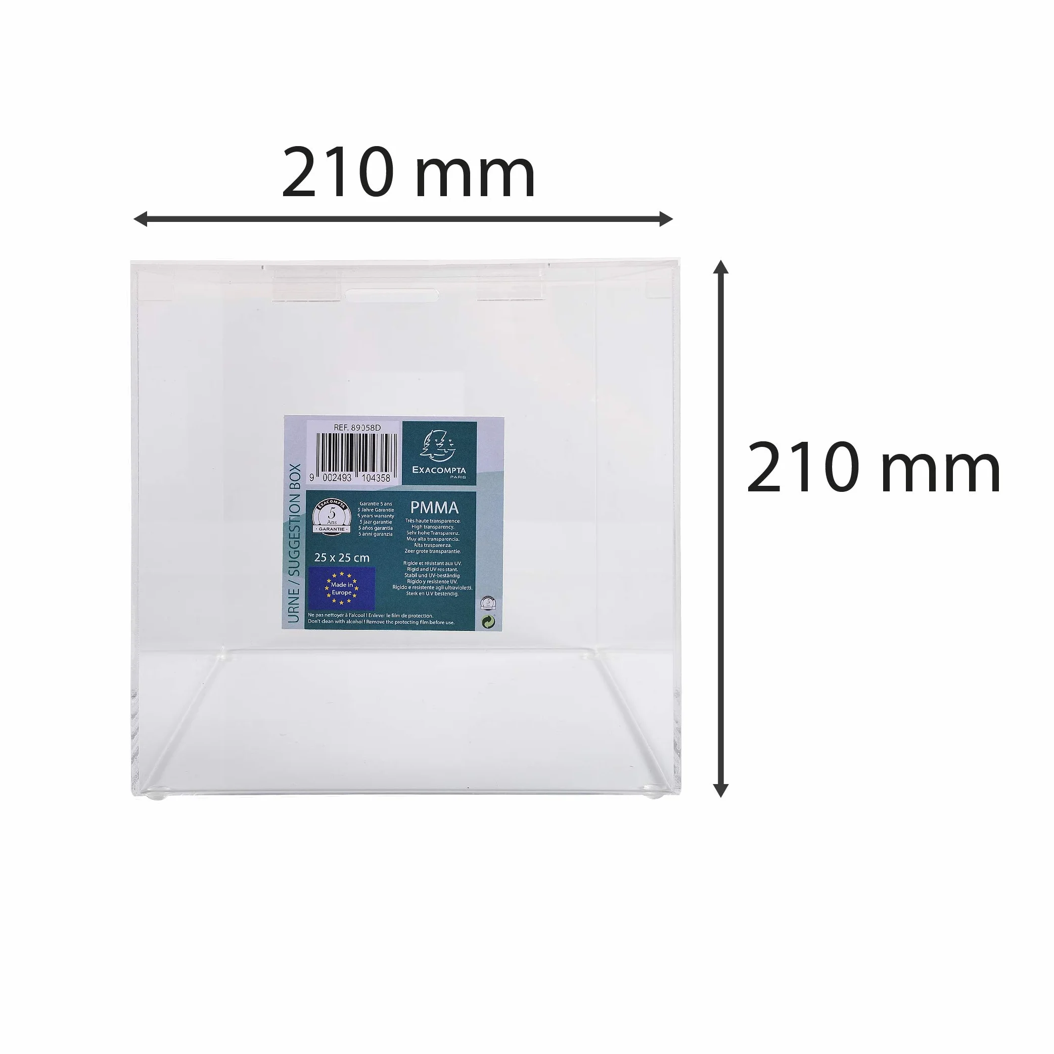Exacompta - Ref. 89058D - 1 urna transparente con tapa 21 cm - Dimensiones 210 x 210 x 210 mm - PMMA (acrílico) scrutines, concursos, sorteos, donaciones benéficas, caja de ideas - Color Cristal