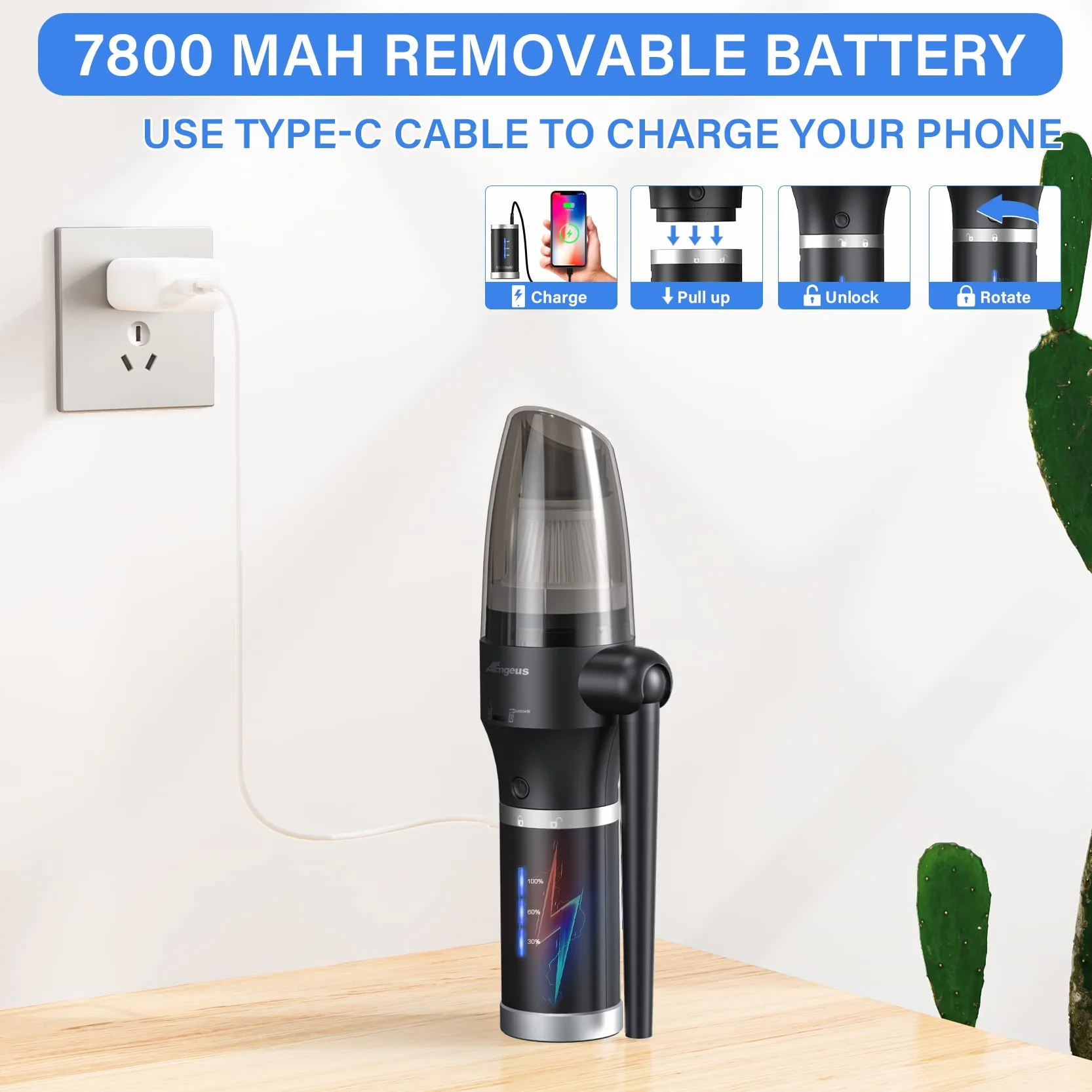 Soplador de Polvo Eléctrico & Aspirador eléctrico, Soplador de Aire de 77000 RPM, 2 Velocidades Plumero de Aire Comprimido para computadora, teclado, coche, La batería se puede quitar y cargar