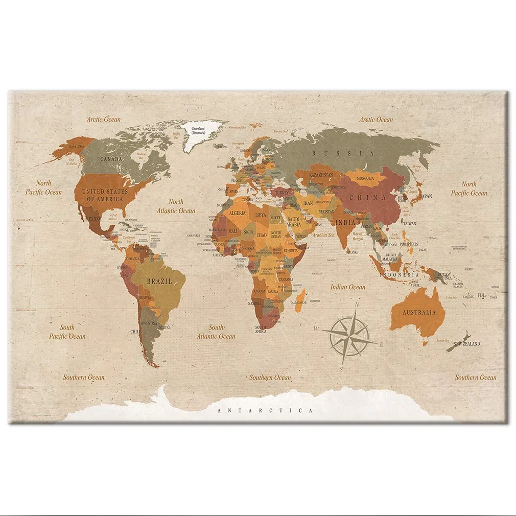 decomonkey Mapa mundi viajes 50 chinchetas - 90x60 cm Tablero de lienzo - Letra inglesa - sobre fondo beige Decoración de pared para el salón despacho Viaje en tablero de fibra