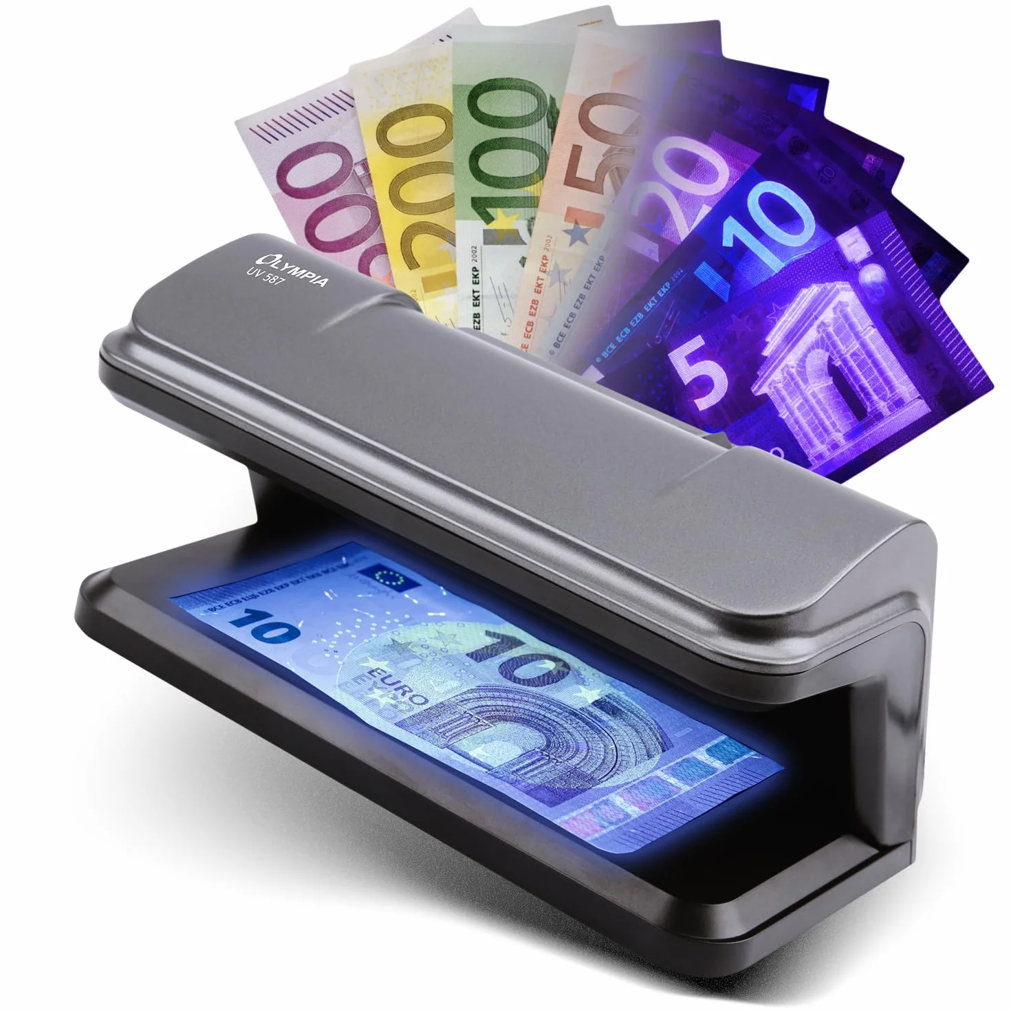 Olympia Detector de billetes UV 587, luz UV 365 nm, 2 LED UV 3 W, comprobador billetes falsos USB