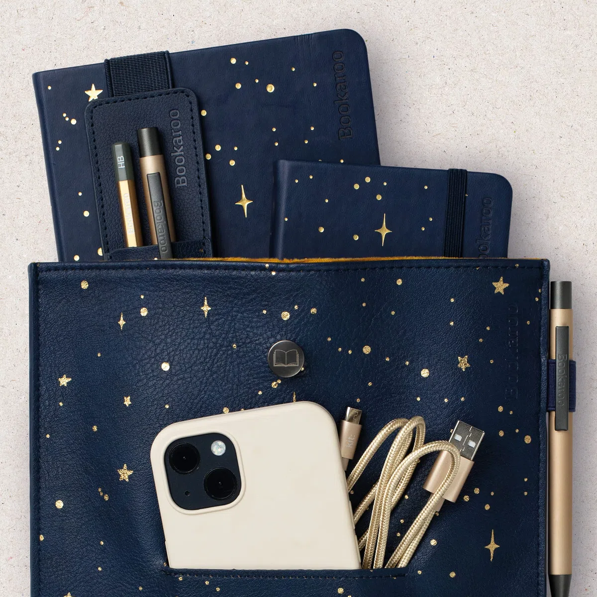 IF Bookaroo - Bolsa para libros, luna y estrellas, azul oscuro/dorado