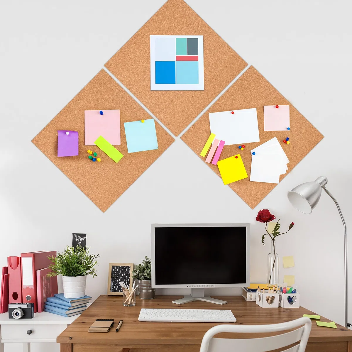 6 paneles de corcho cuadrados autoadhesivos para pared con 100 pines para tablones de anuncios, pared de corcho, decoración del hogar, escuela, oficina, (30 x 30 x 0,6 cm)