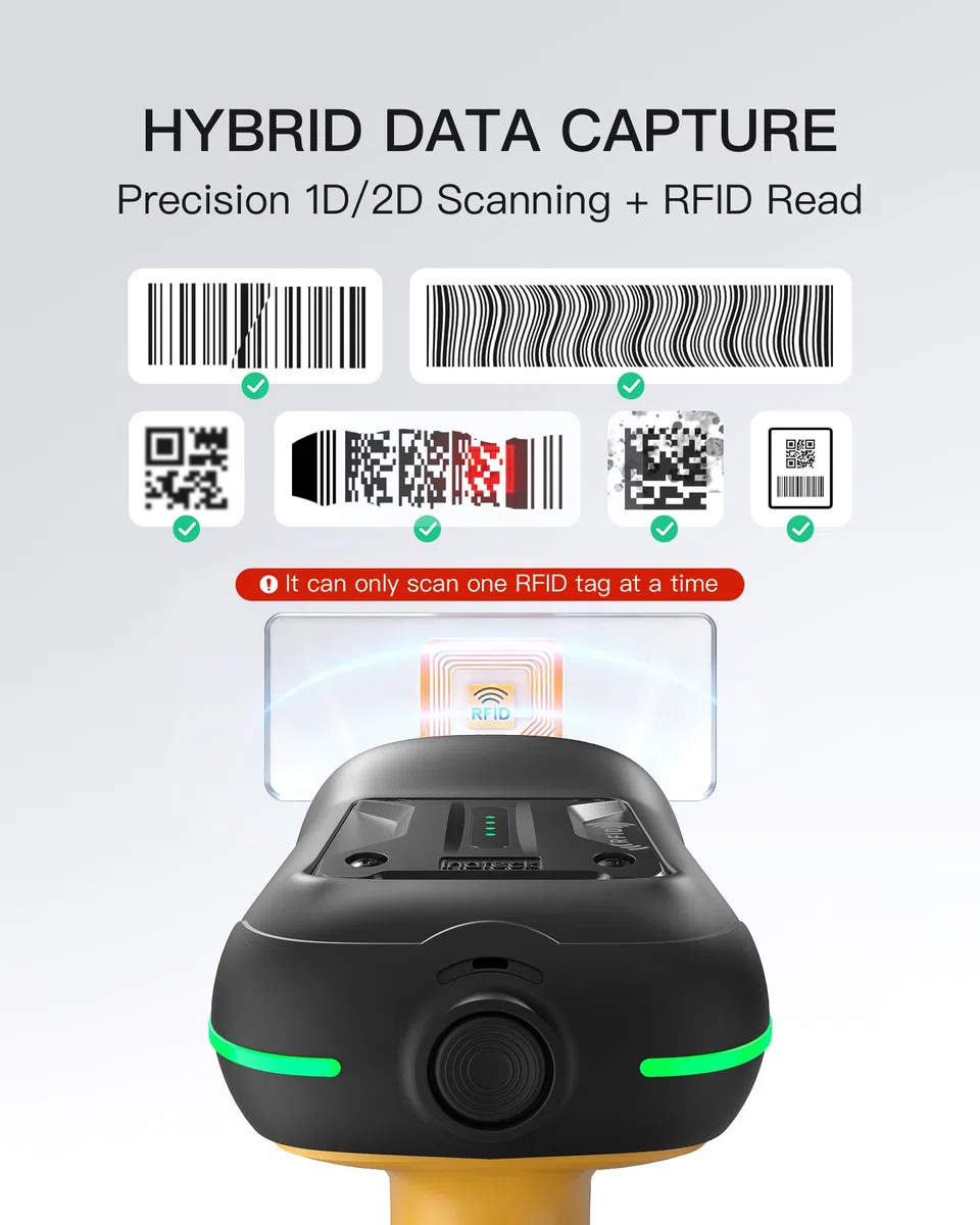 Inateck Escáner de código de barras RFID industrial, inalámbrico, lector de códigos de barras 2D IP67 con base de carga, conexión Bluetooth/2.4G/USB, batería de 2600 mAh, soporte SDK de aplicación