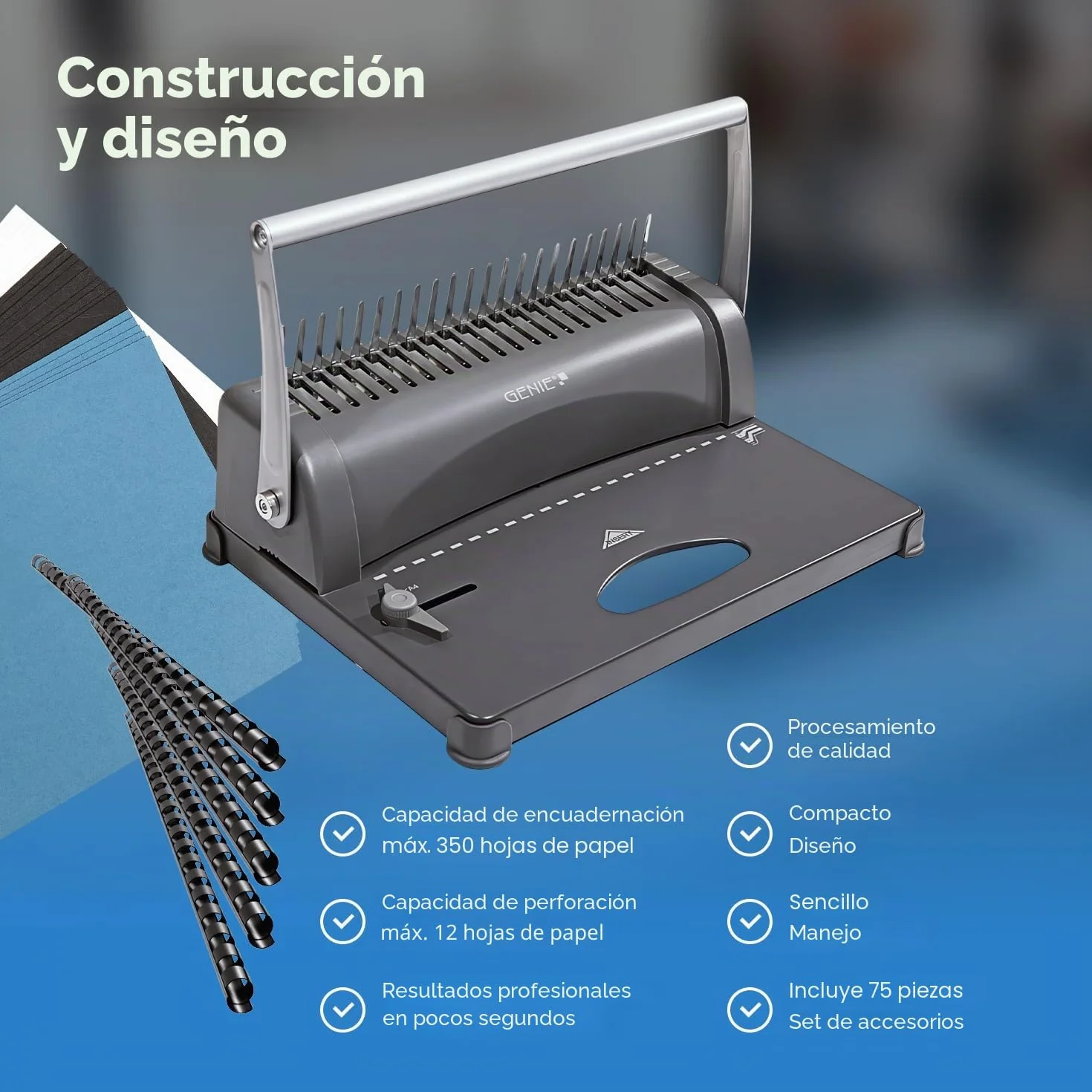 Genie CB 850 - Encuadernadora, hasta 350 hojas, DIN A4, incluye juego de 75 piezas, color plata y negro