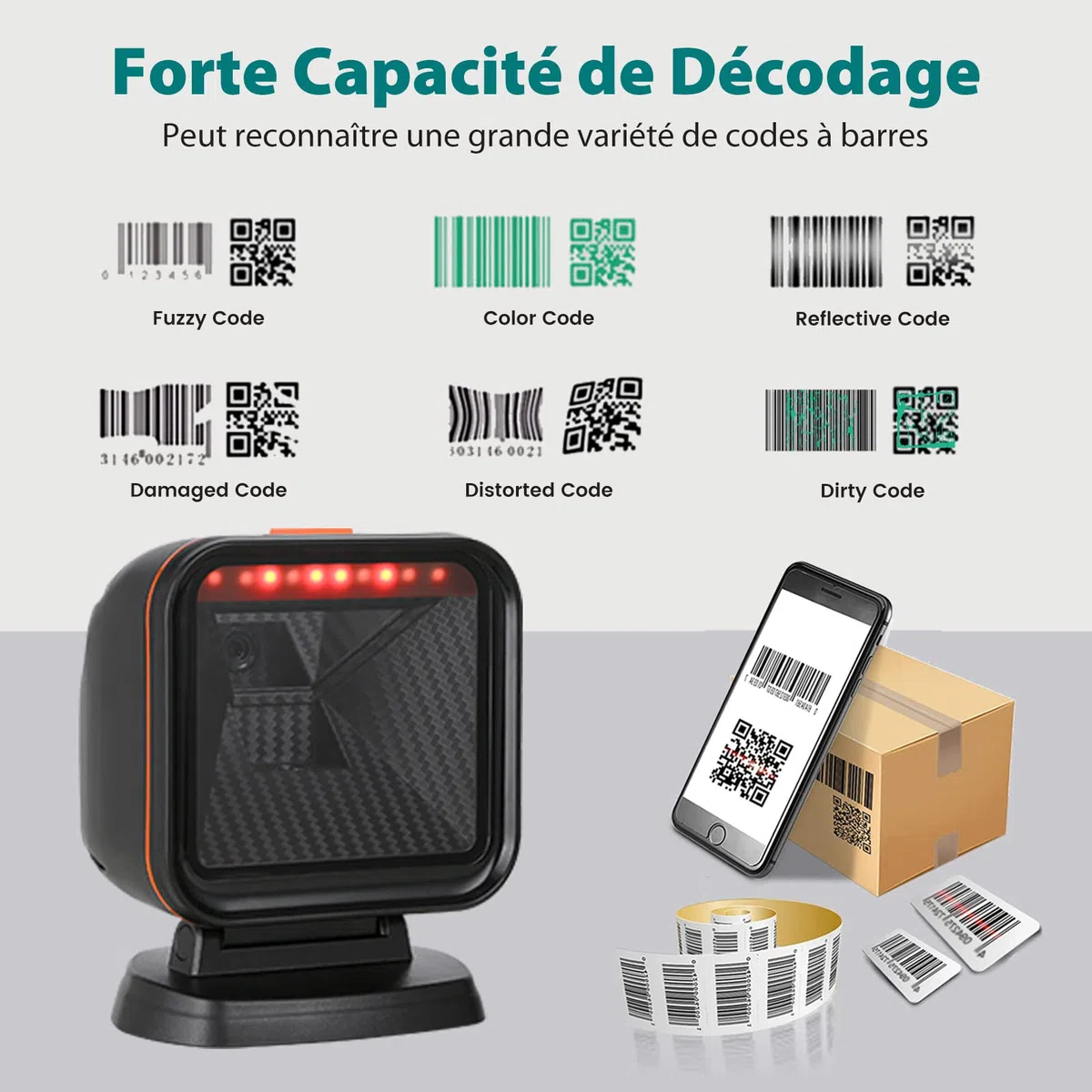 OBZ Lector de Código de Barras 2D QR con Cable USB, Escáner de Escritorio Automático Manos Libres para POS PC Supermercado Farmacia Panadería Biblioteca
