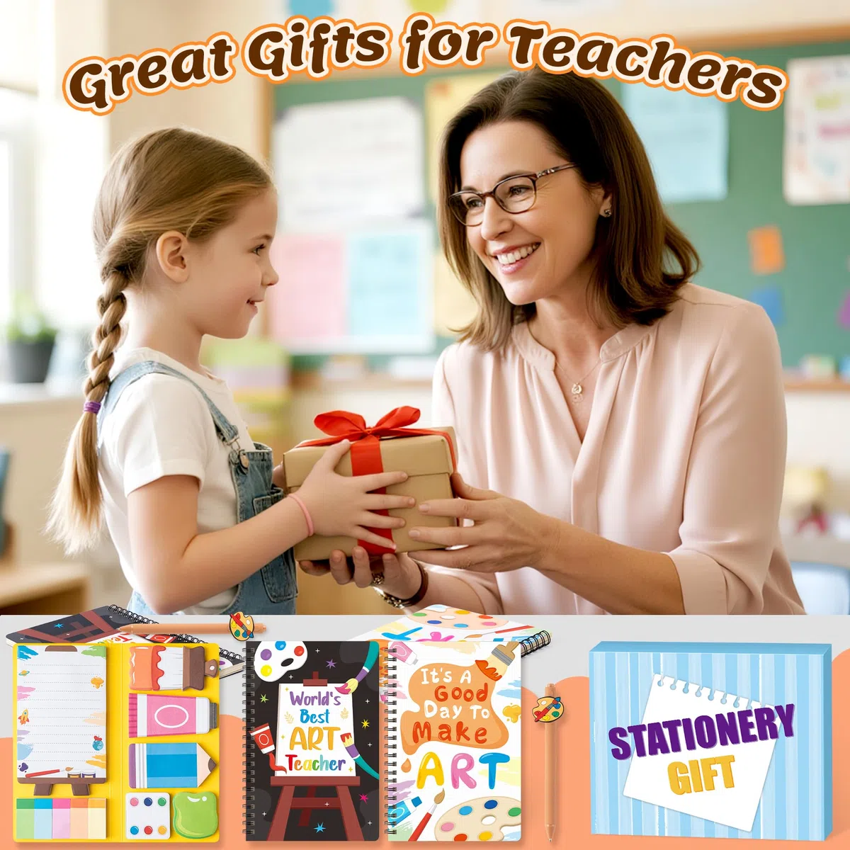 B1ykin Juego de regalo de papelería, 3 cuadernos adhesivos, cuadernos en espiral A5 y 550 hojas, bonitas notas adhesivas con bolígrafos, kit para oficina, escuela, profesores, suministros de Acción de