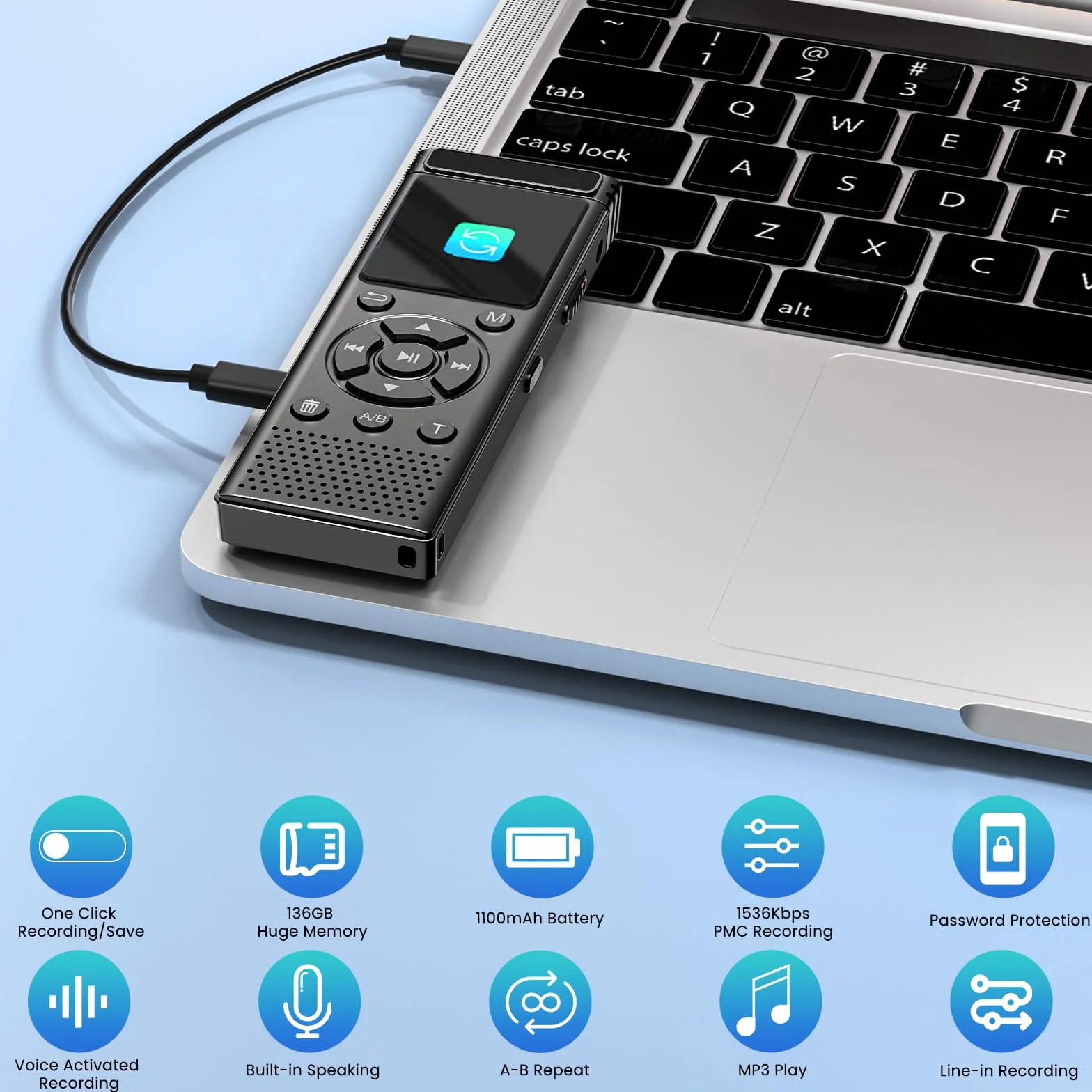 Grabadora de voz digital de 136 GB con reproducción, dispositivo de grabación de audio de 9000 horas, grabadora activada por voz con reducción de ruido, repetición A-B, reproductor de MP3 y contraseña
