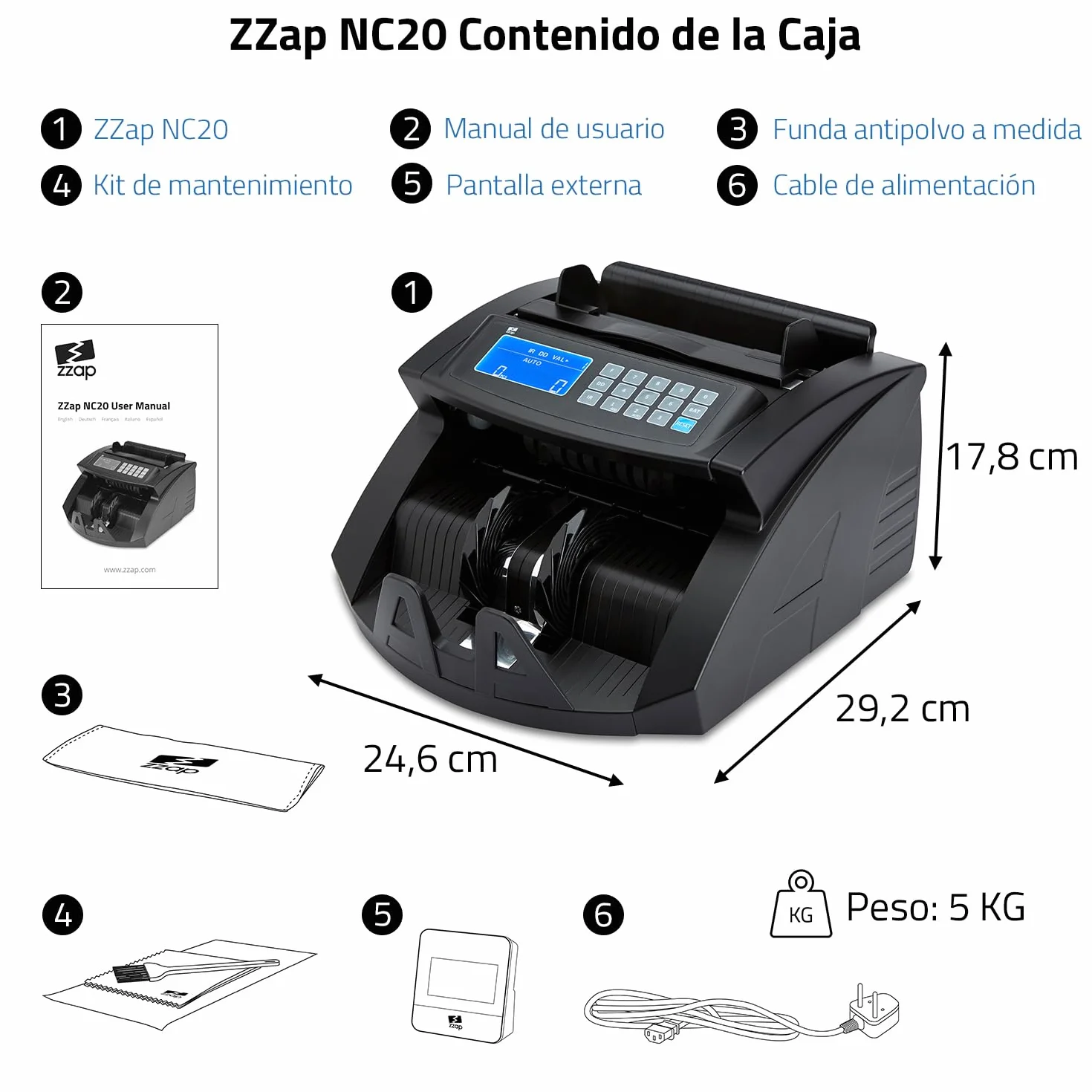 ZZap NC20 Contadora de billetes - Cuenta 1.000 billetes por minuto, Recuento por lotes, cuenta todas las divisas del mundo y mucho más!