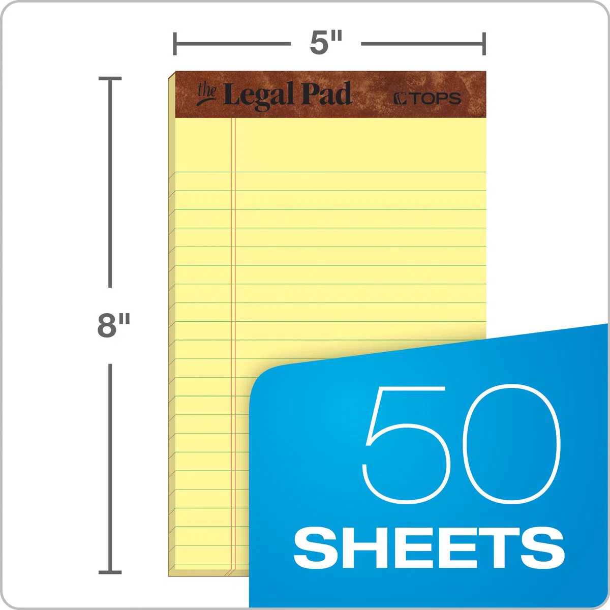 TOPS The Legal Pad Legal Pad, 5 x 8 Inches, Perforated, Canary, Narrow Rule, 50 Sheets per Pad, 5 Pads per Pack (75017)