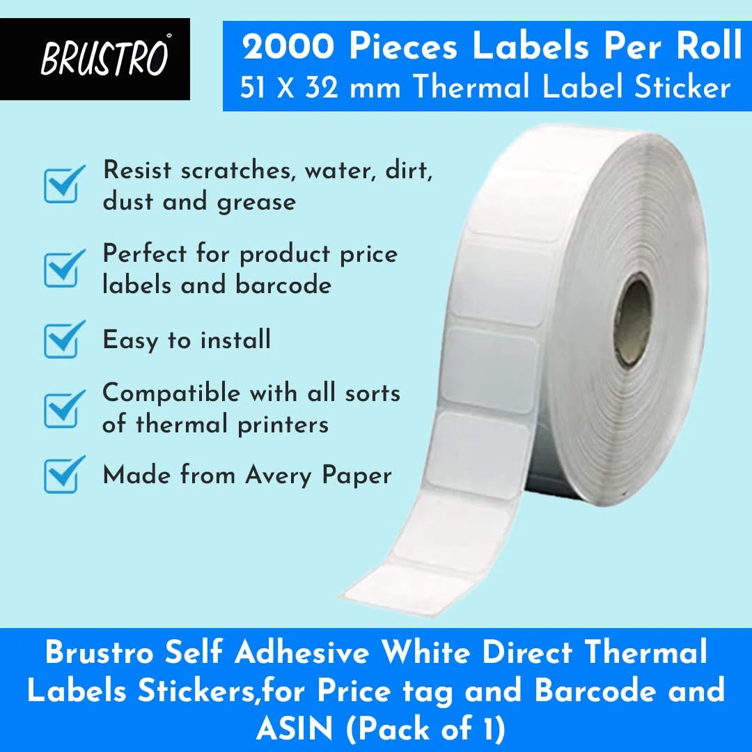 Brustro Código de barras térmico directo, paquete de 2000 etiquetas, 51 x 32 mm, autoadhesivo, para imprimir códigos de barras, adhesivo blanco