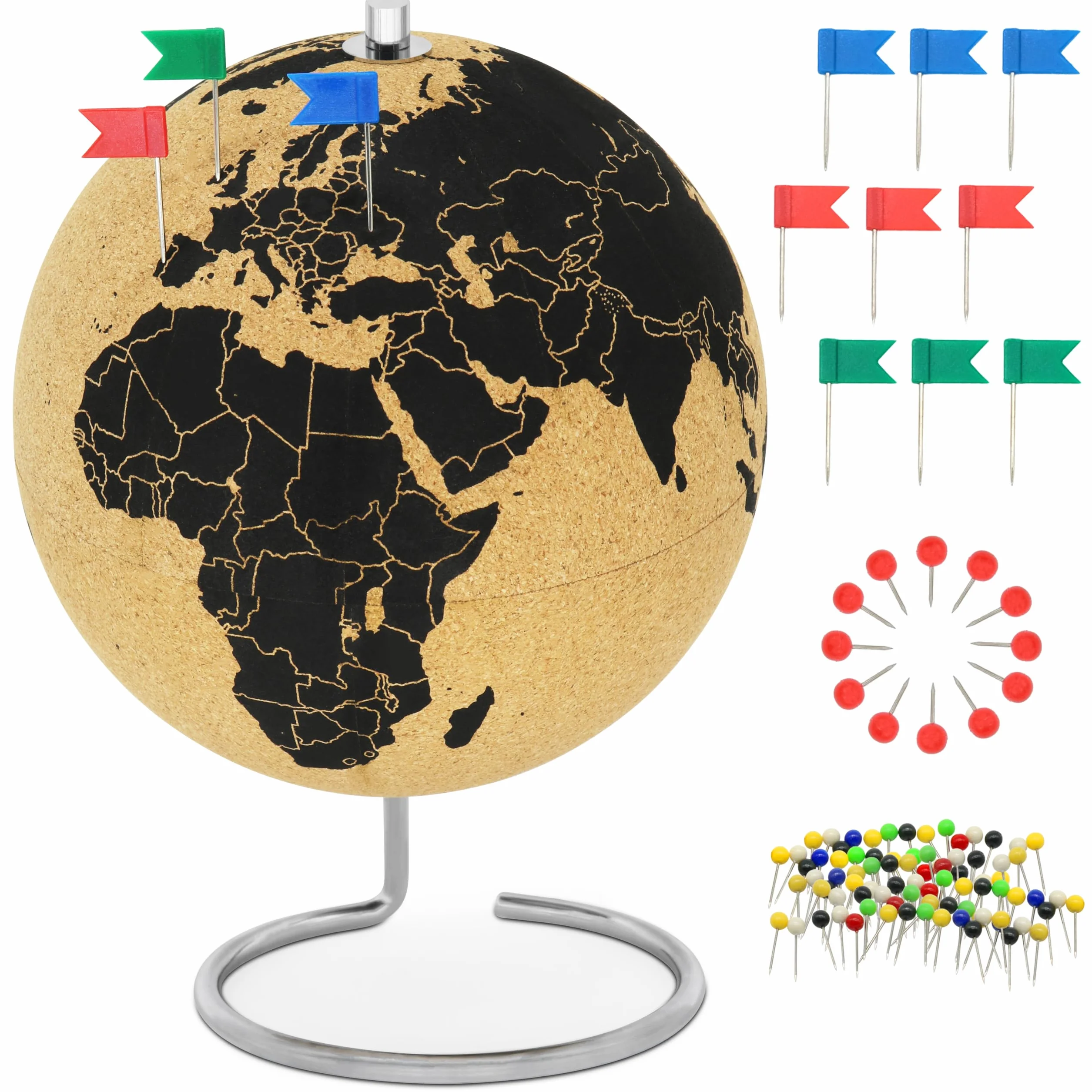 Globo terráqueo de corcho de 25 cm de alto con 54 chinchetas diferentes - Globo terráqueo giratorio hecho de corcho - como idea de regalo para los amantes de los viajes