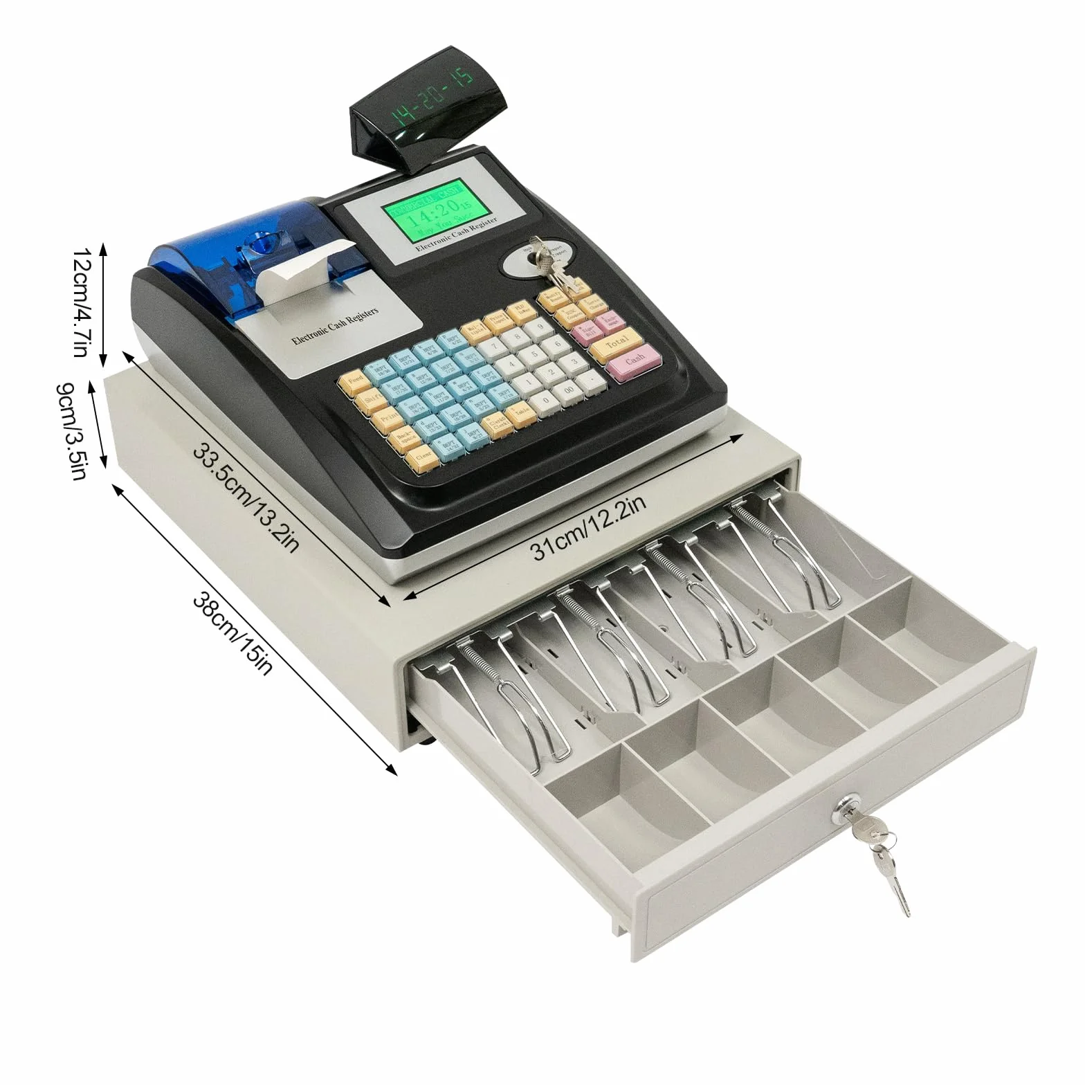 Caja registradora electrónica, bajo consumo de energía, caja registradora con pantalla bidireccional con 5 compartimentos para monedas, caja de comercio LED para restaurantes, supermercados