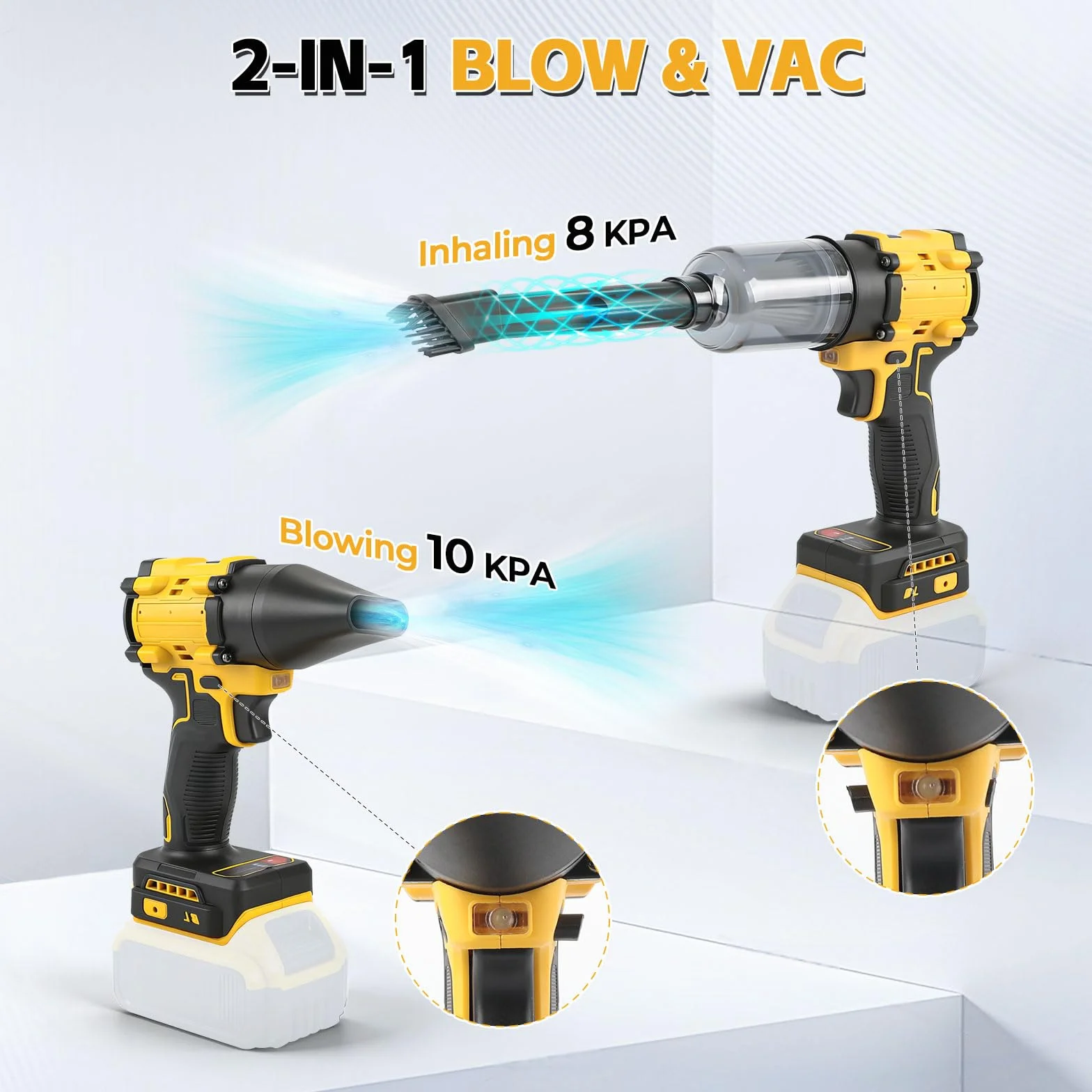 Soplador y aspiradora inalámbricos 2 en 1 compatibles batería Dewalt 18V, soplador aire sin escobillas 150 W/aspiradora aire comprimido con 5 boquillas para automóviles talleres teclados (sin batería)