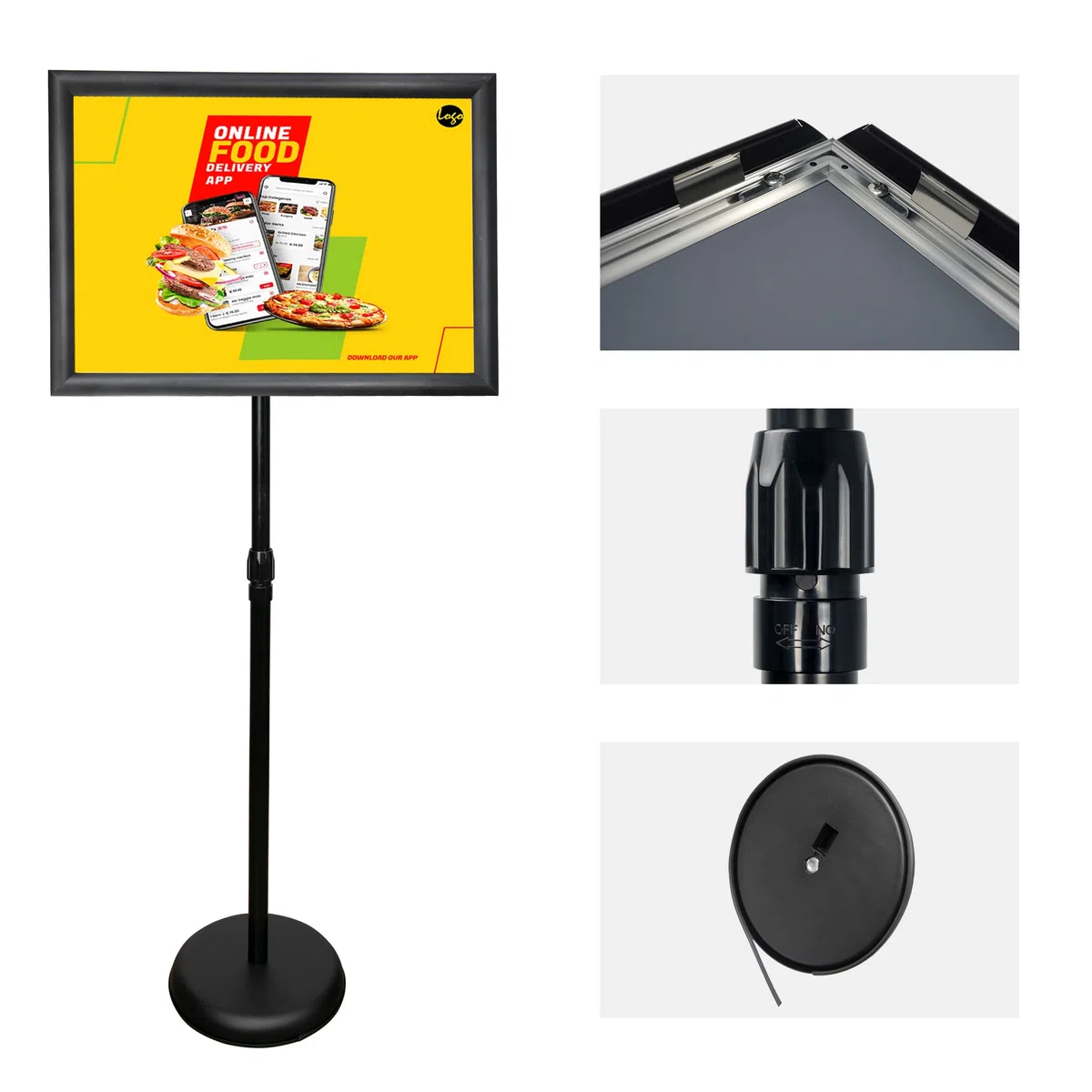 Soporte de cartel de pedestal, soporte de aluminio ajustable para carteles de marco abierto de 11 x 17 pulgadas para pantalla vertical/horizontal, negro