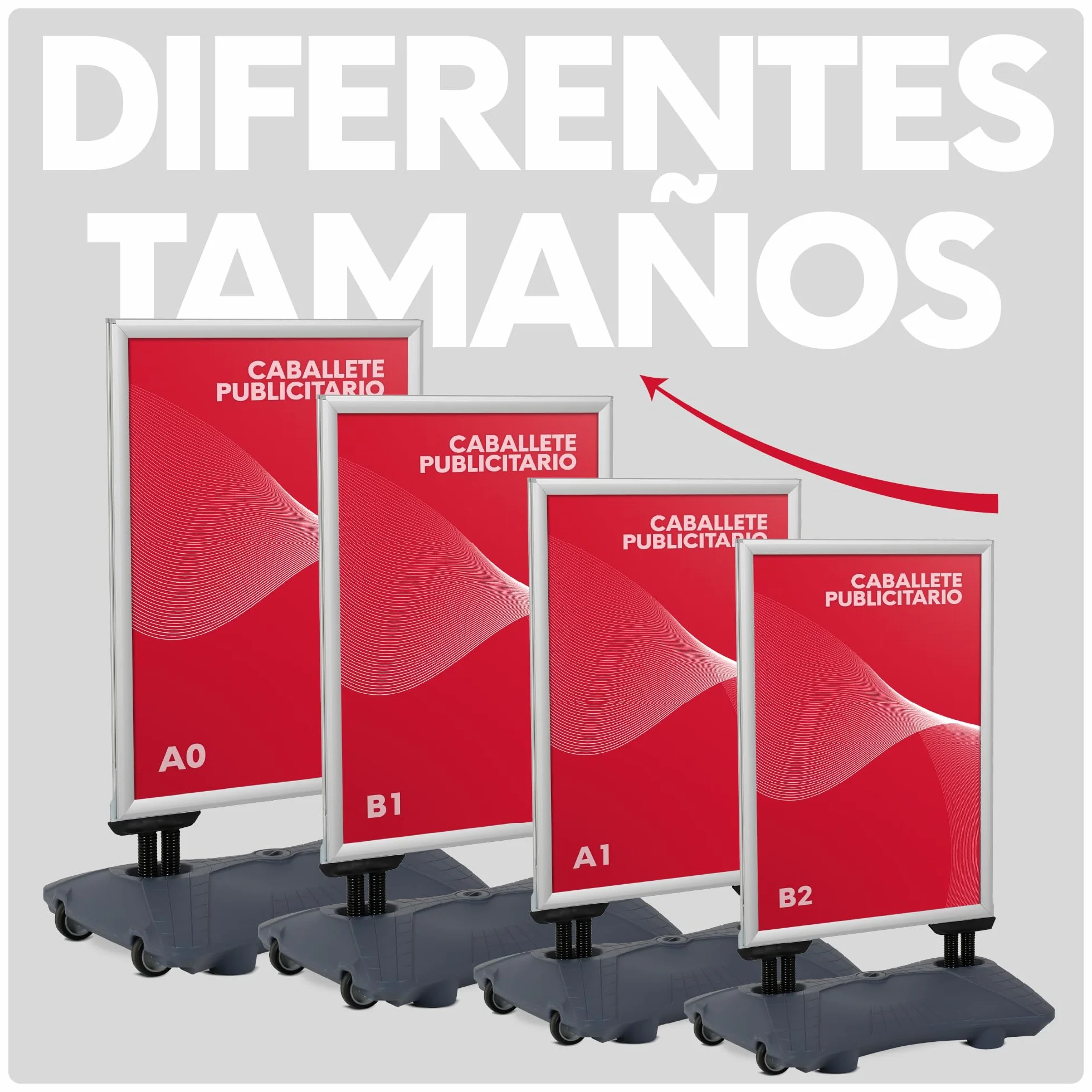 Expositor Publicitario Exterior con Base Rellenable y Ruedas | Soporte para Carteles con Marco de Apertura Click | Ideal para Publicidad en Calles y Comercios | A0 | Gris