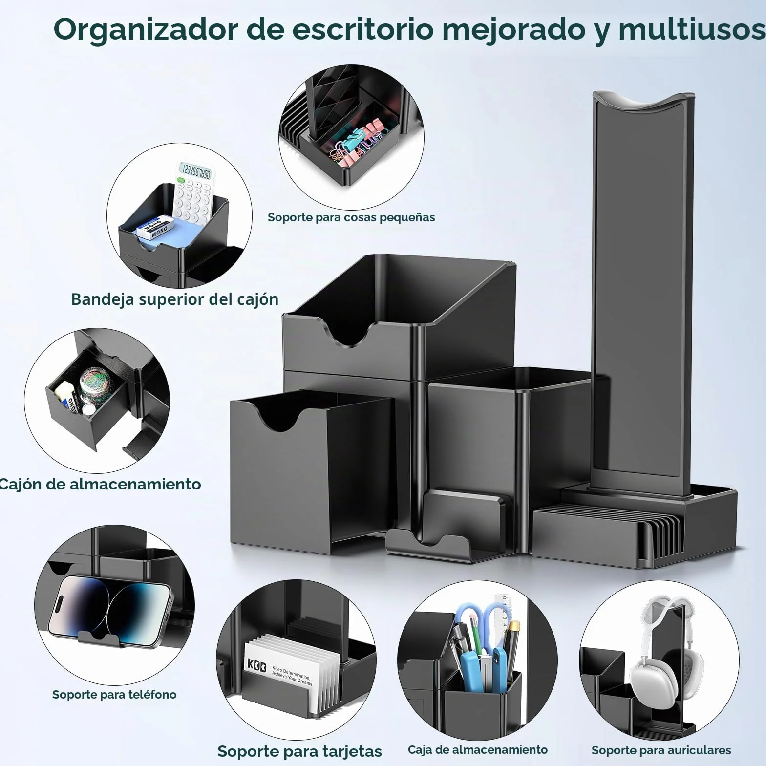 KDD 7 en 1 Juego de Organizador Escritorio con Cajones, Colgador Auriculares, Portalápices, Tarjetero