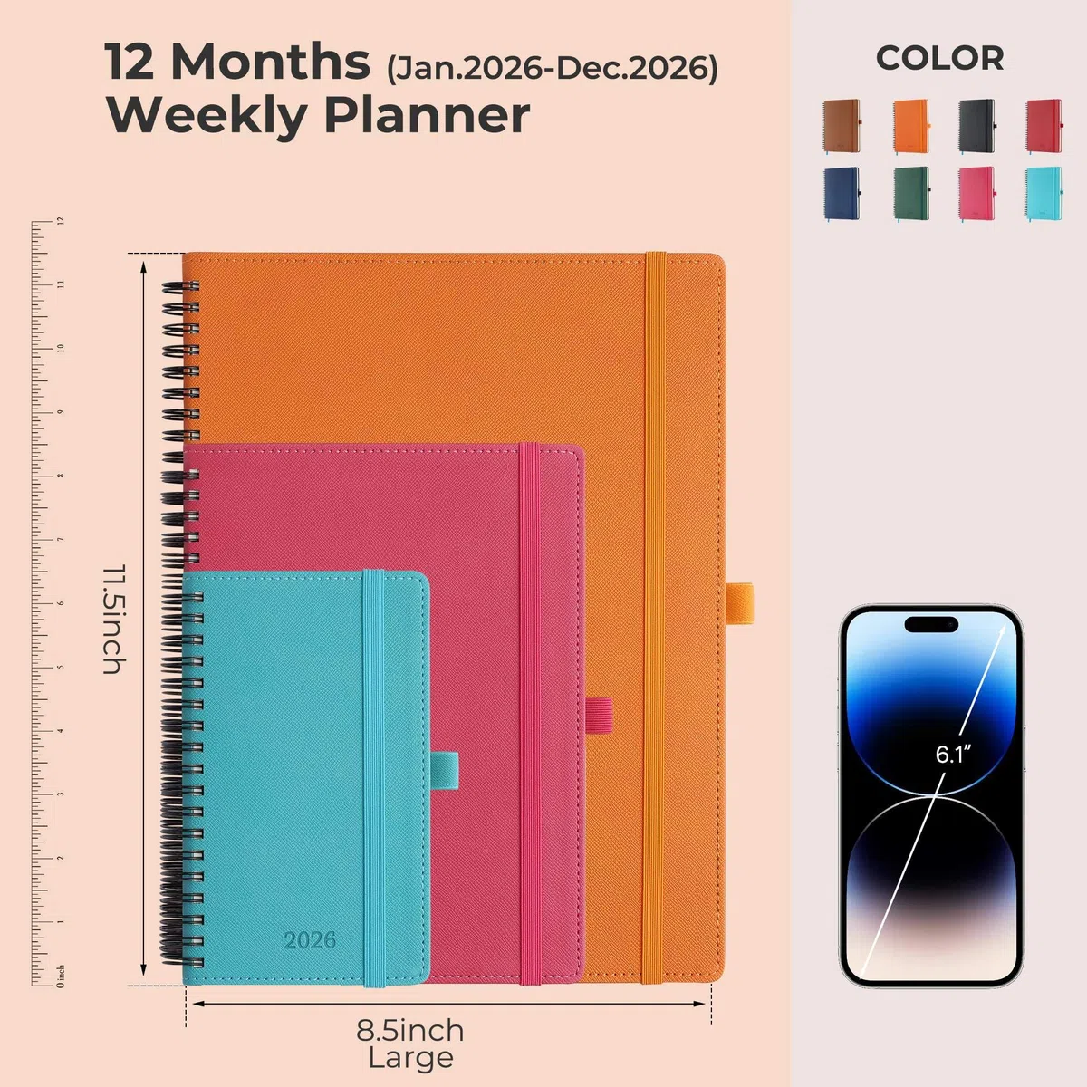 Agenda semanal 2026 con espiral de cuero y tapa suave, grande, color azul claro