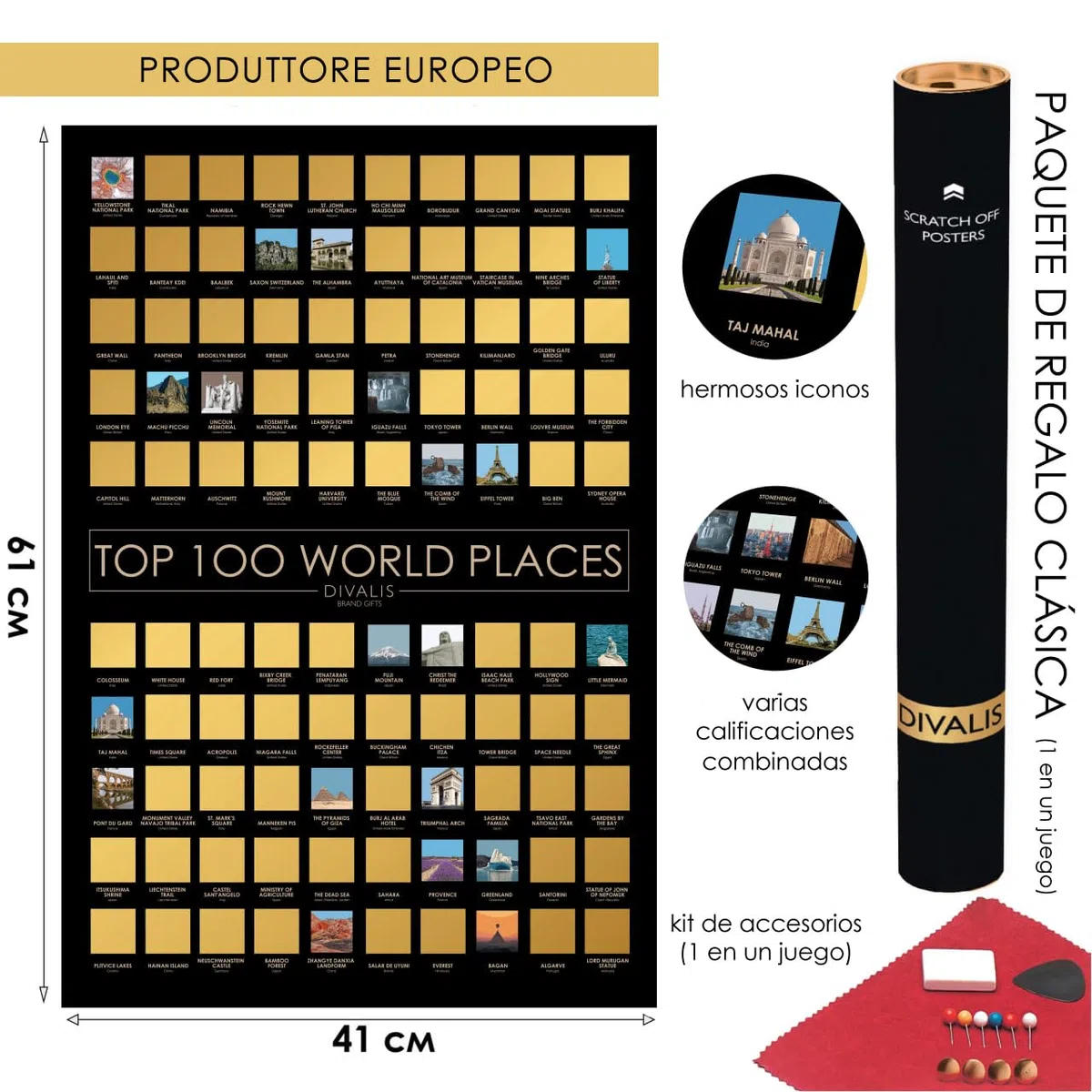 Grande Set de Regalo 2 en 1 - Póster Rascable de los 100 Mejores Lugares Para Visitar y Mapa Mundial Para Rascar - Mejor Mapa de los Lugares Donde he Estado