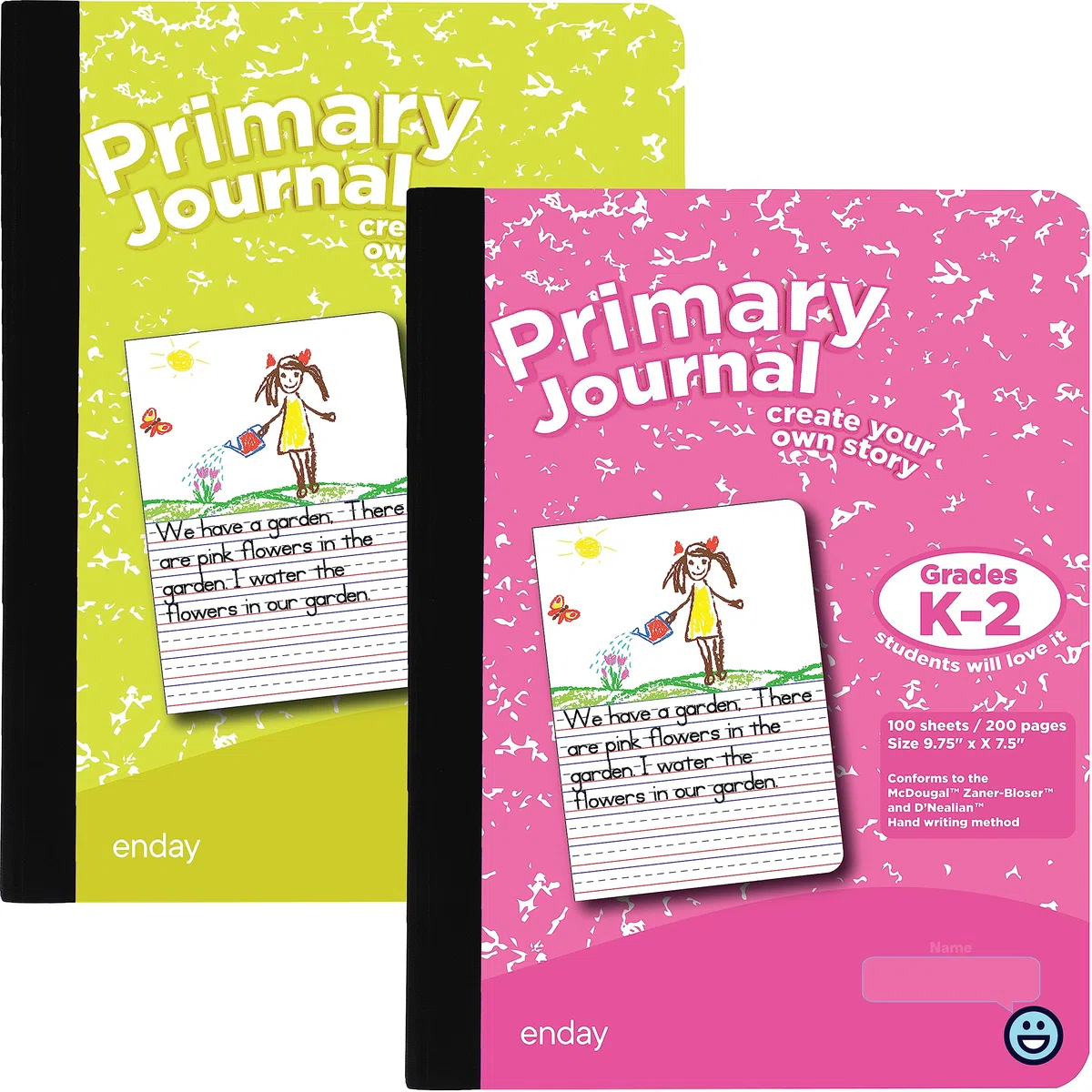 Diario primario grado K-2, diario de escritura primaria, cuaderno de composición de media página para niños, 100 hojas para niños, rosa y amarillo (paquete de 2)