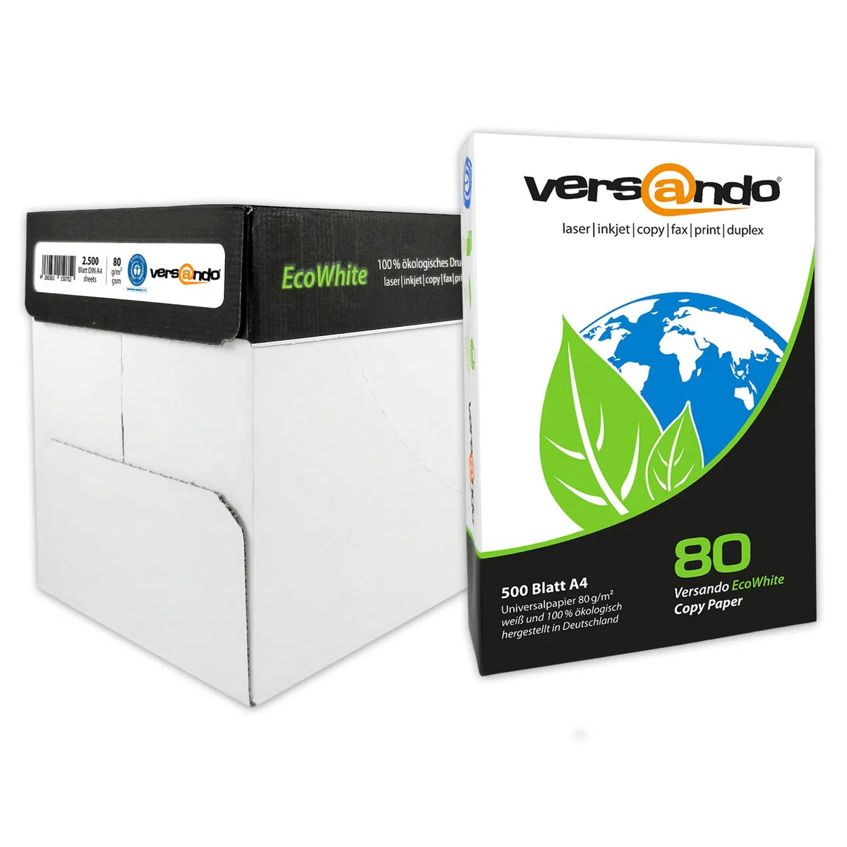 versando 2.500 hojas de papel reciclado DIN A4 EcoWhite 80g papel de copia | Papel de impresora Eco alta blancura ISO 90 - Certificado Ángel Azul - Papel ecológico