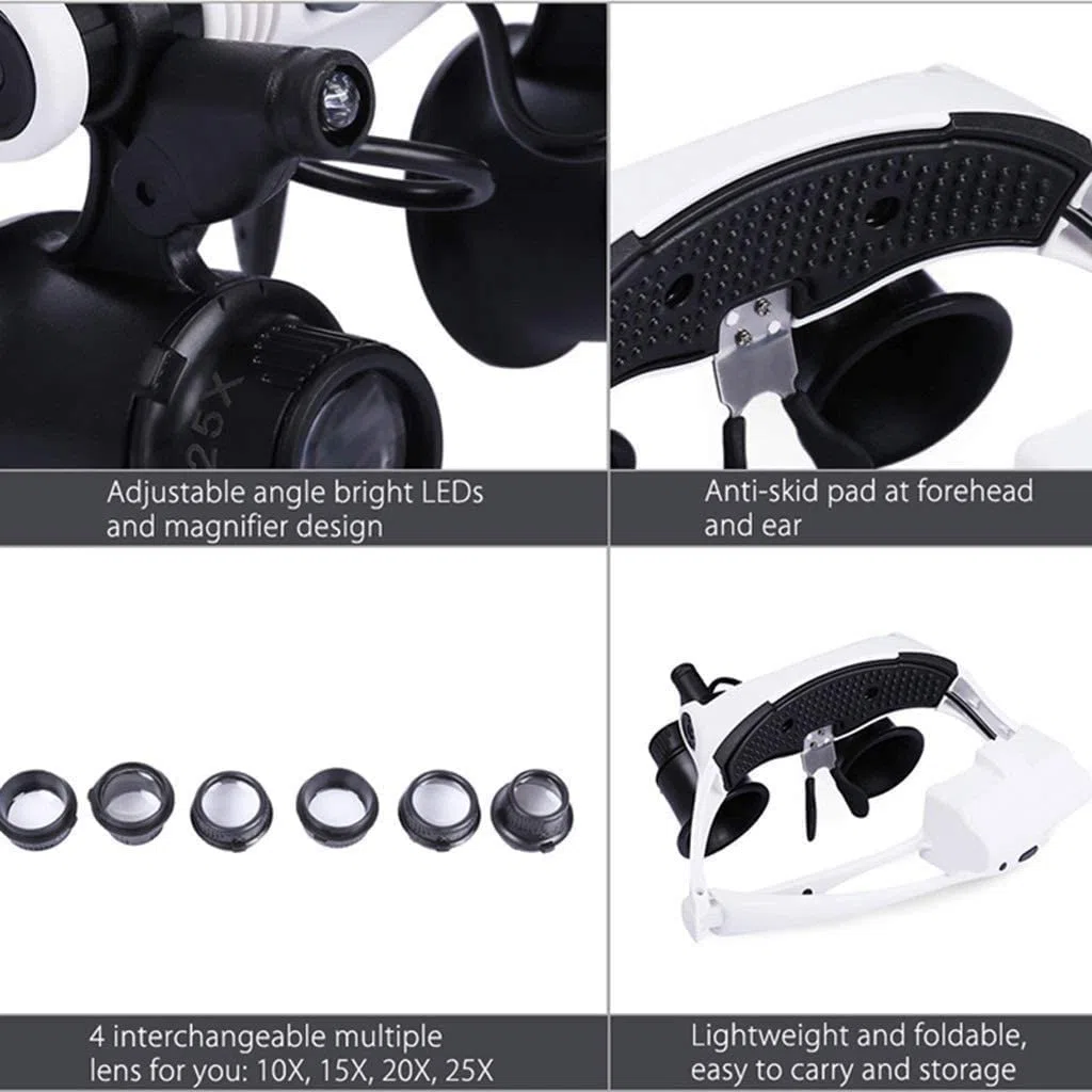 Lupa De Diadema Manos Libres HD con Luz Led - Zoom De 10X A 25X con 4 Lentes Desmontables - Lupa De Cabeza con Luz para Lectura, Lupa para Joyería, Reloj, Etc.