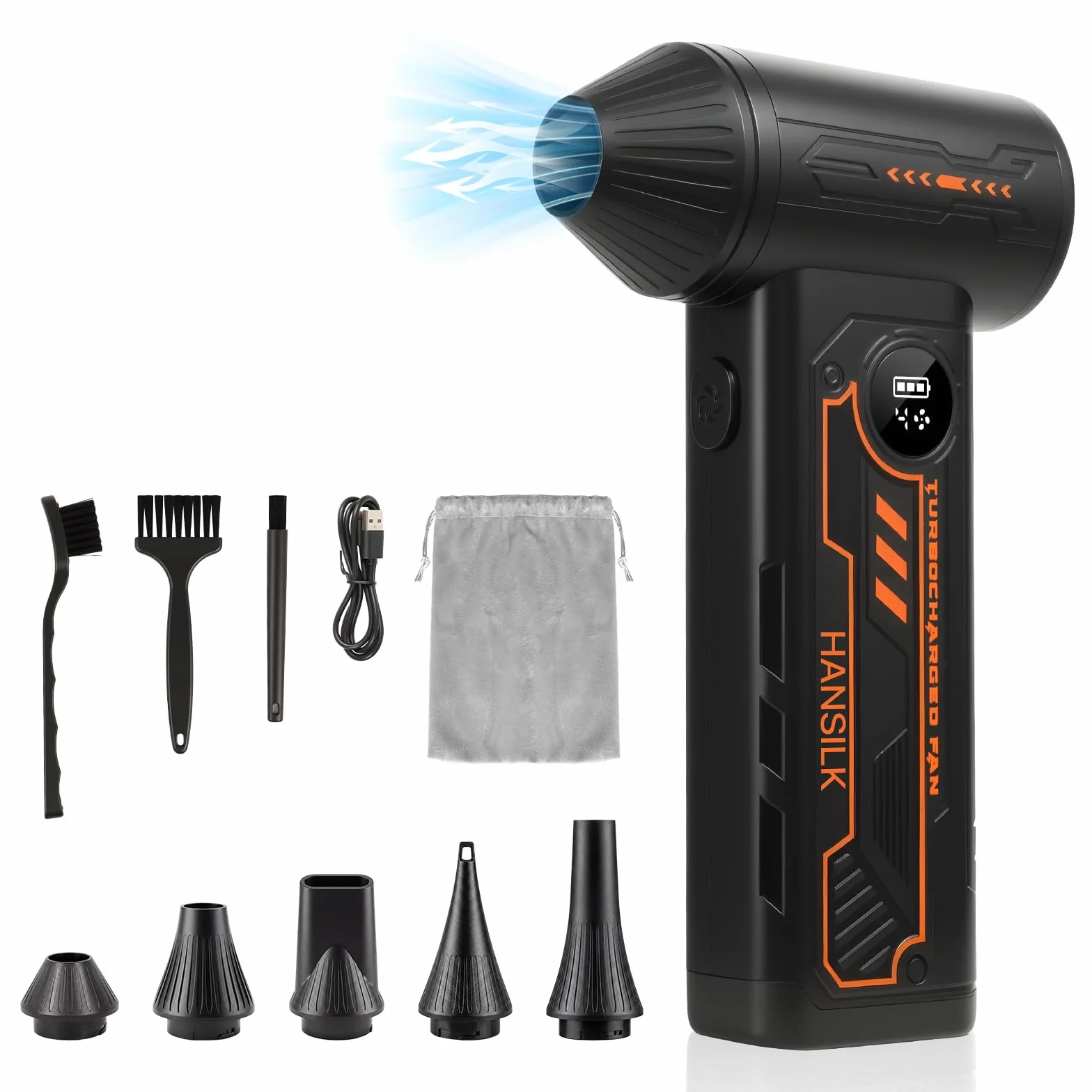 HANSILK Soplador de Aire Comprimido Eléctrico - 150000 RPM 4 Velocidades Ajustables con Pantalla LED, Batería Recargable Inalámbrico, Limpiador de Polvo para PC Laptop Teclado Coche Hogar Exterior