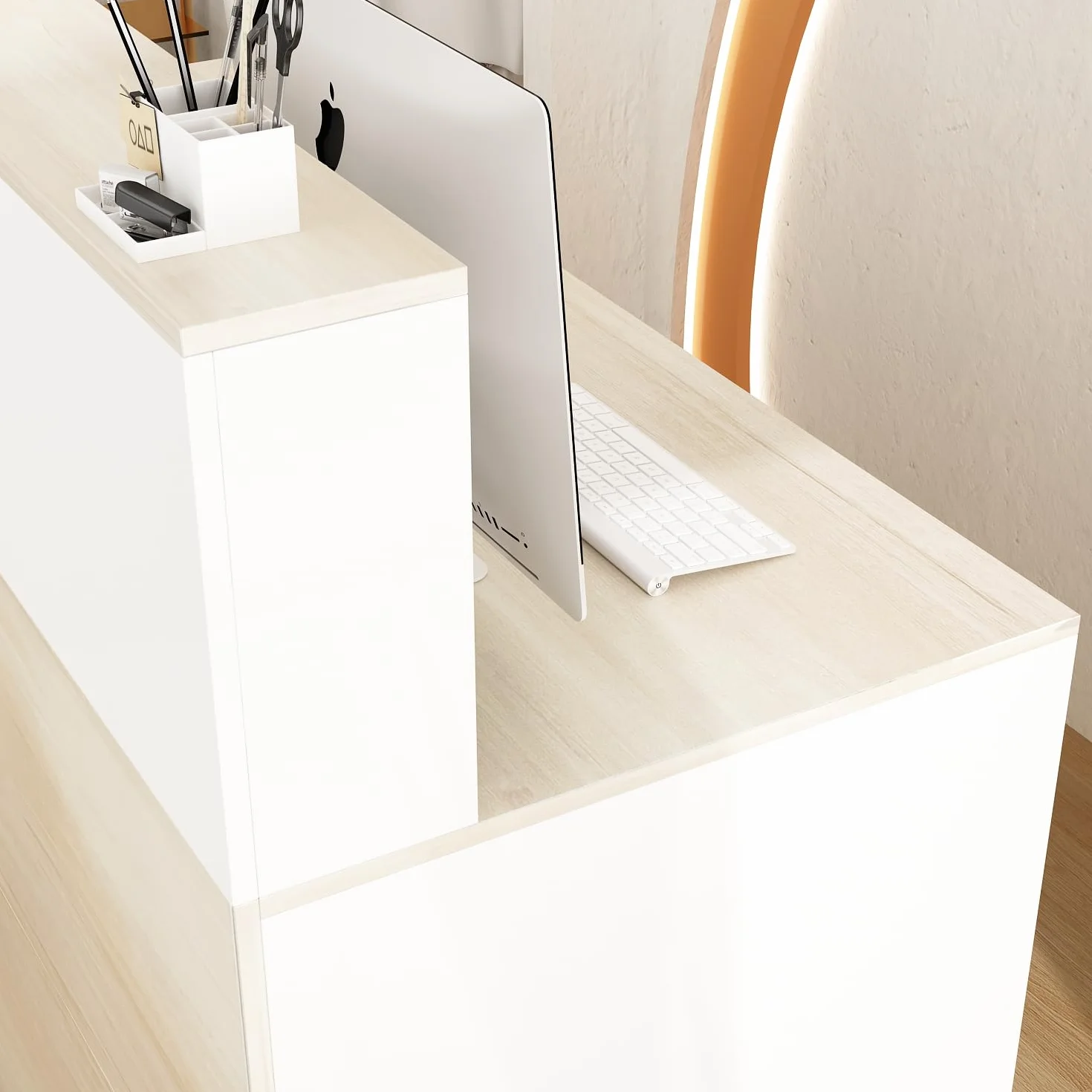 Mostrador de Recepción Grande con Compartimentos Abiertos, Madera y Blanco