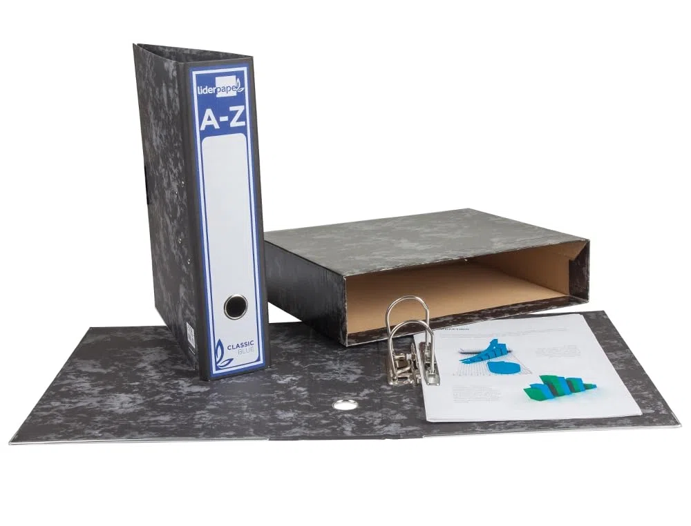 Archivador de Palanca Cartón Forrado (pack 8 Unids), Tamaño Folio, Jaspeado Negro + Caja Classic Blue