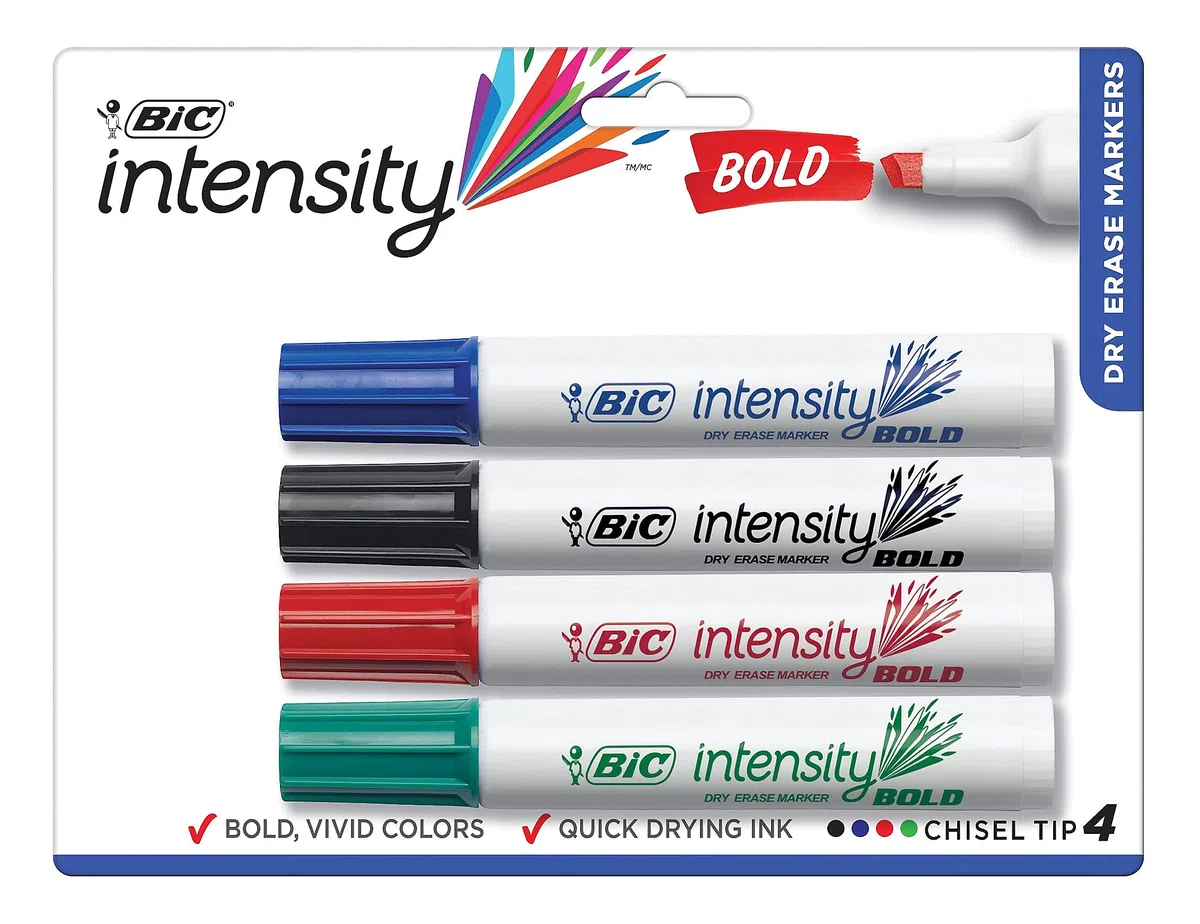 Bic Ink - Rotuladores de Punta de cincel de borrado en seco – Azul, Negro, Rojo y Verde
