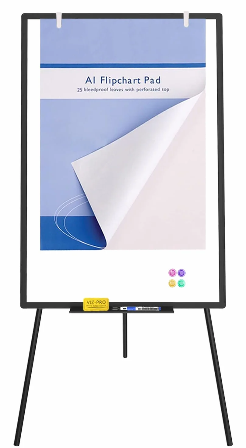 VIZ-PRO Pizarra blanca magnética 90x60 cm con caballete altura ajustable marco negro