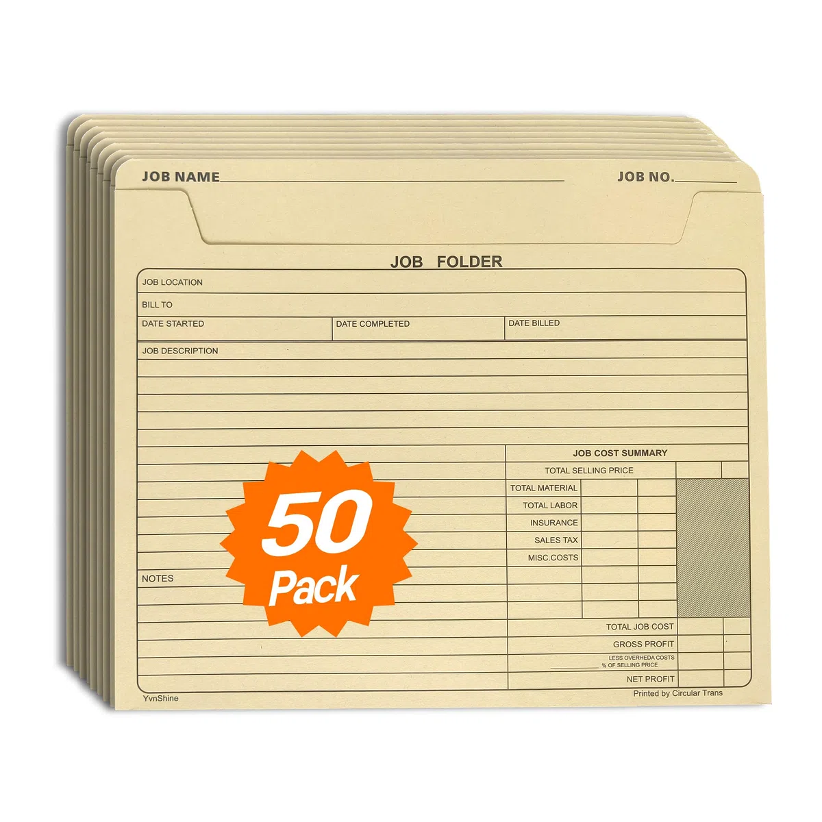 Paquete de 50 carpetas de trabajo, funda de archivo Manila de 10 x 12 pulgadas, para papel tamaño carta, preimpresas para seguimiento de trabajos, cálculo de costos y correspondencias del cliente