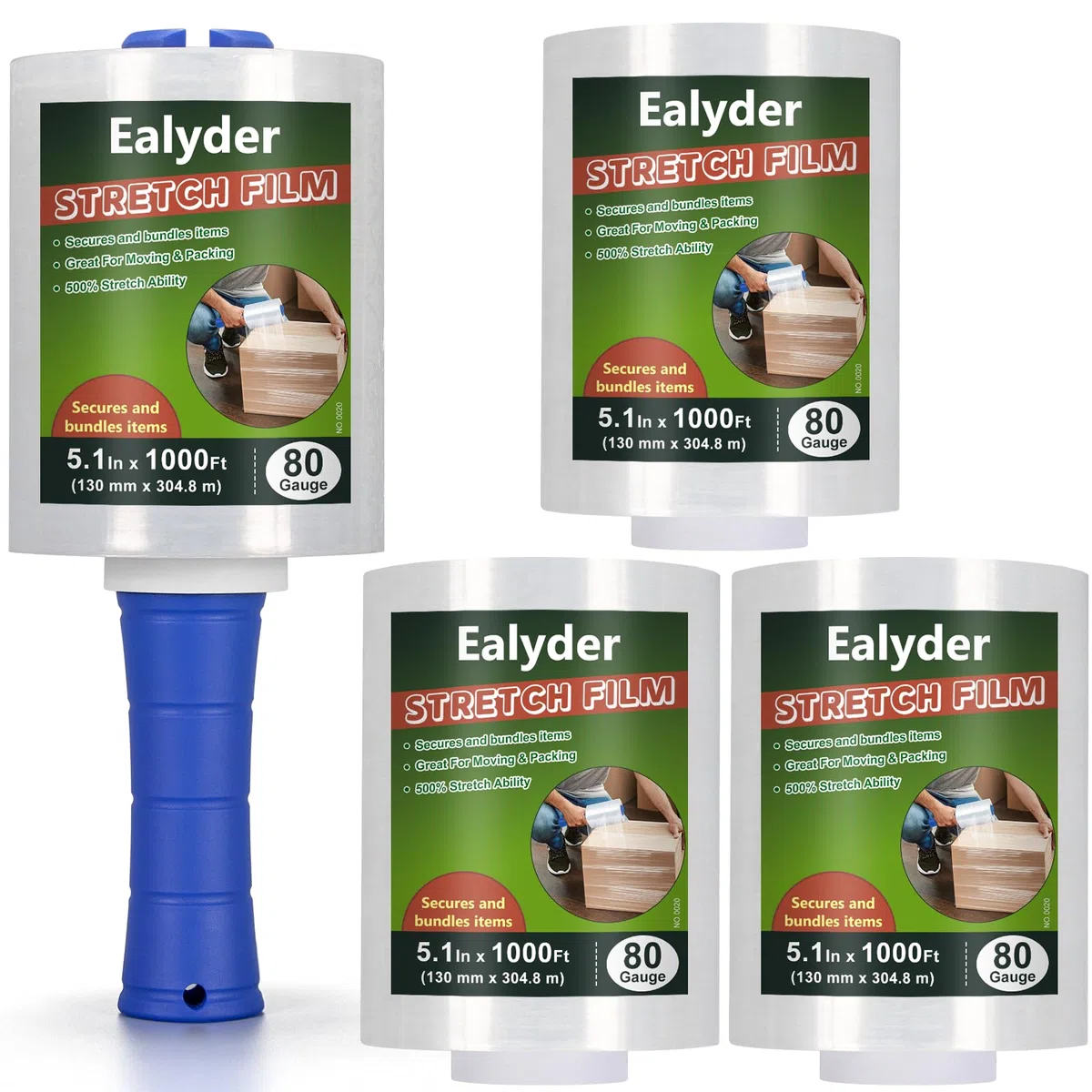 Pack 4 Rollos Film Transparente Elástico 130mm x 304m, Incluye 1 Mango Adicional, Alta Elasticidad y Resistencia para Paletizar, Embalaje, Mudanzas y Envoltura Segura