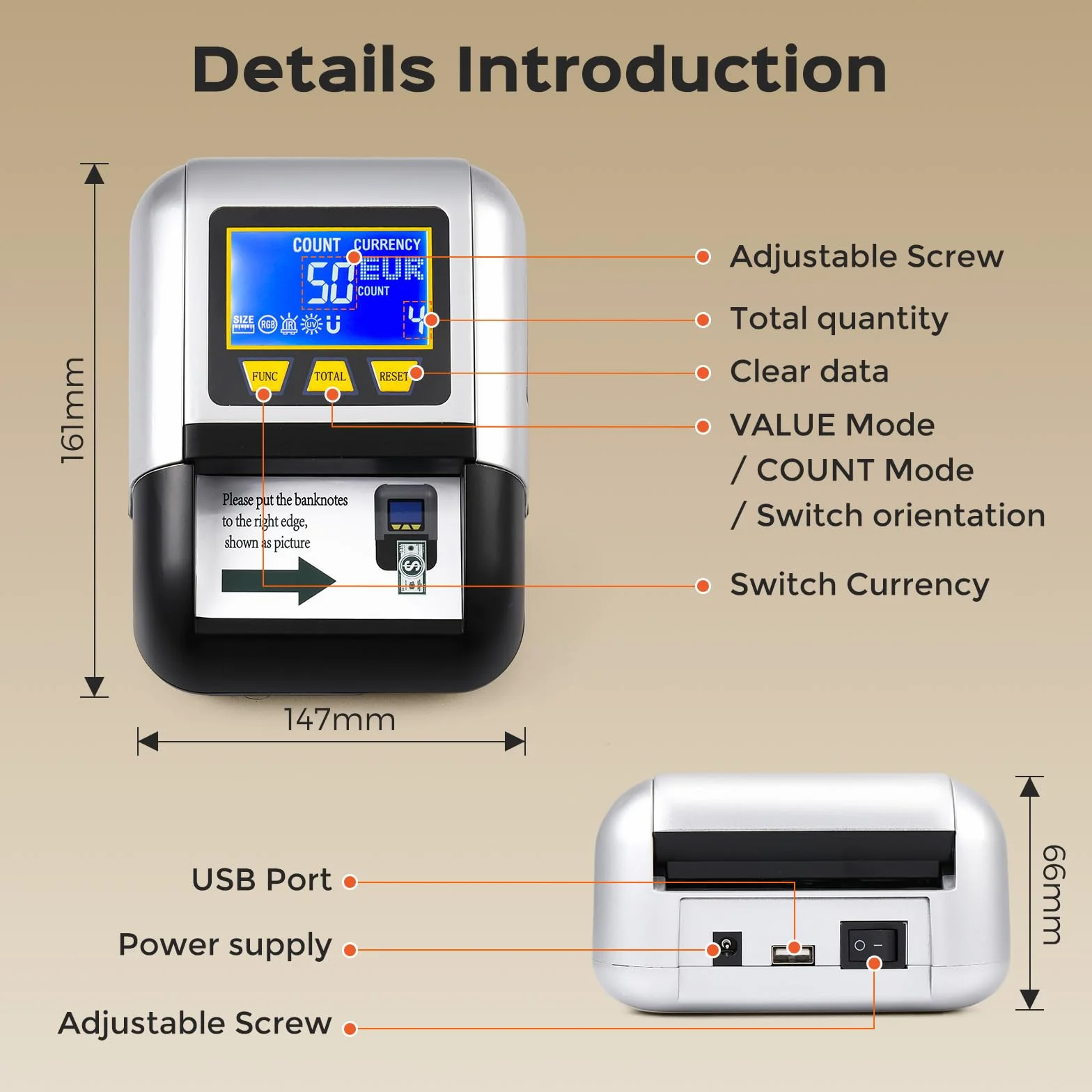 Bonvoisin Detector de Billetes Falsos, Comprobador Billete UV/IR/MG, Portátil Detector con Función Valor Total, Batería Recargable, 4 Orientaciones, Compatible EUR/USD/GBP Etc., Pantalla LCD (A)