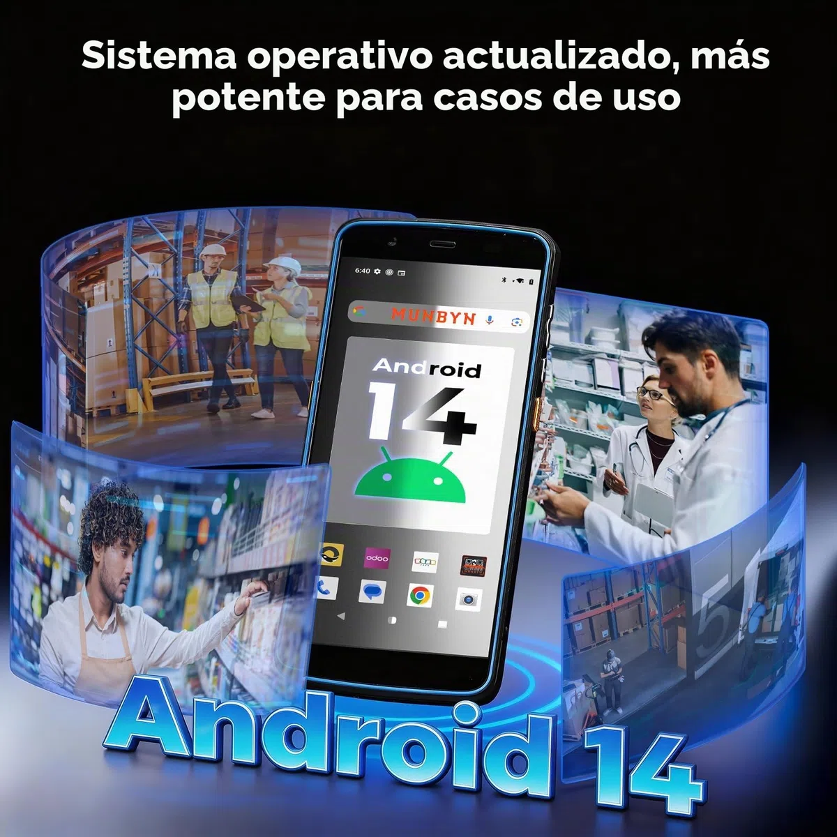 MUNBYN Escáner de código de Barras Android 14, PDA escáner 2D 1D QR, Pantalla Grande de 5.7 Pulgadas, 4+64G, IP67, Wi-Fi de Doble Banda, 4G, BT, Recolector de Datos para almacén