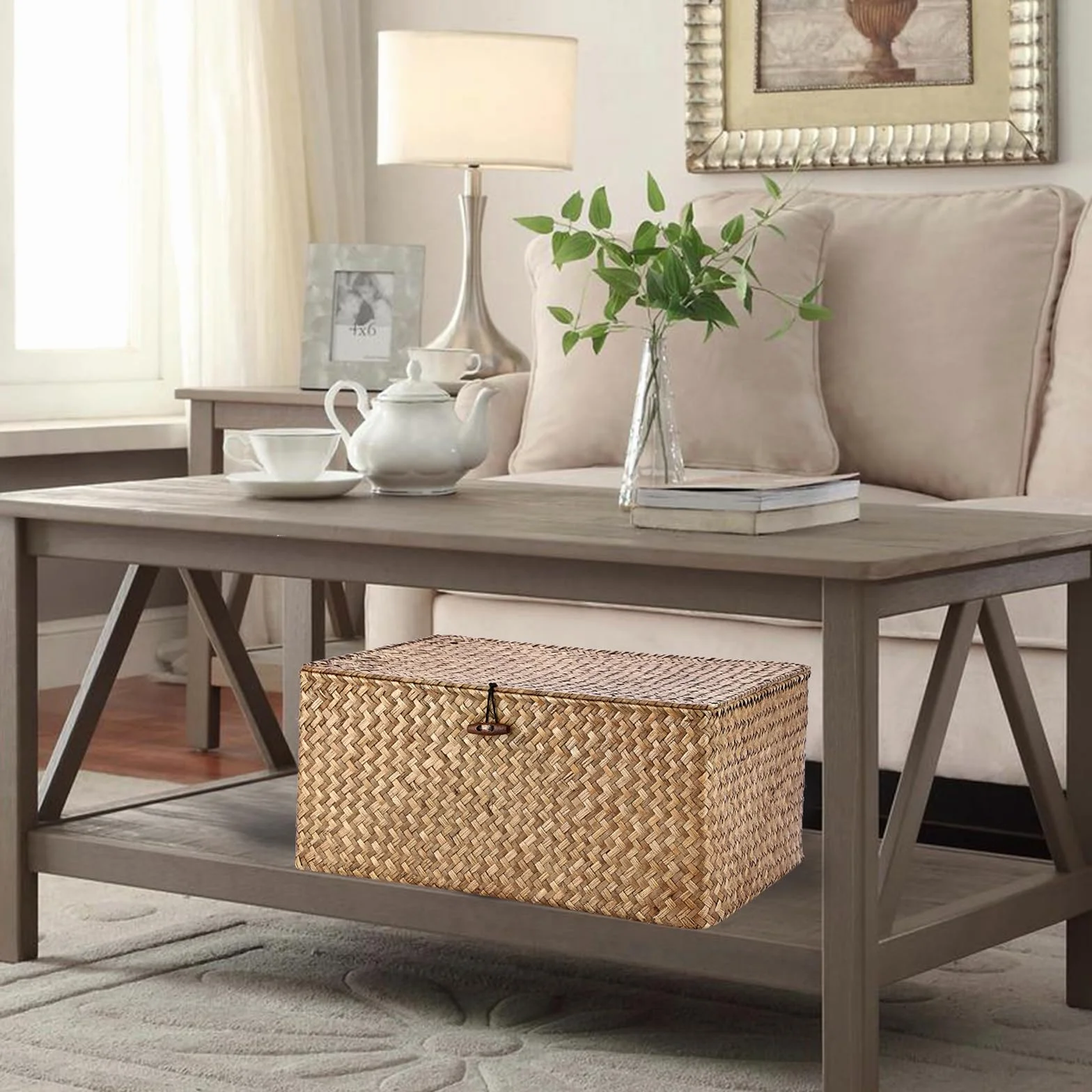 IGNPION - Cesta de almacenamiento de mimbre con tapa, cesta de escritorio de mimbre trenzado, rectangular, organizador de baño, caja decorativa para debajo de los estantes de la sala de estar, cesta
