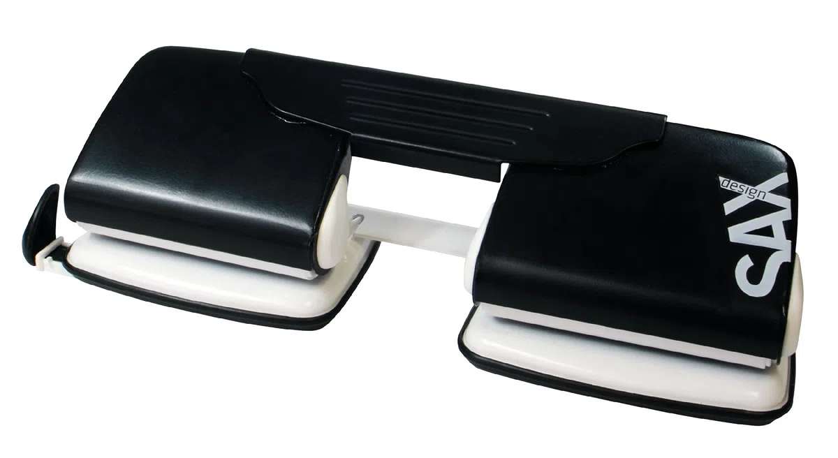 SAX - perforadora doble, 15 hojas, negra, bandeja colectora compacta, fácil de usar, diseño moderno y elegante