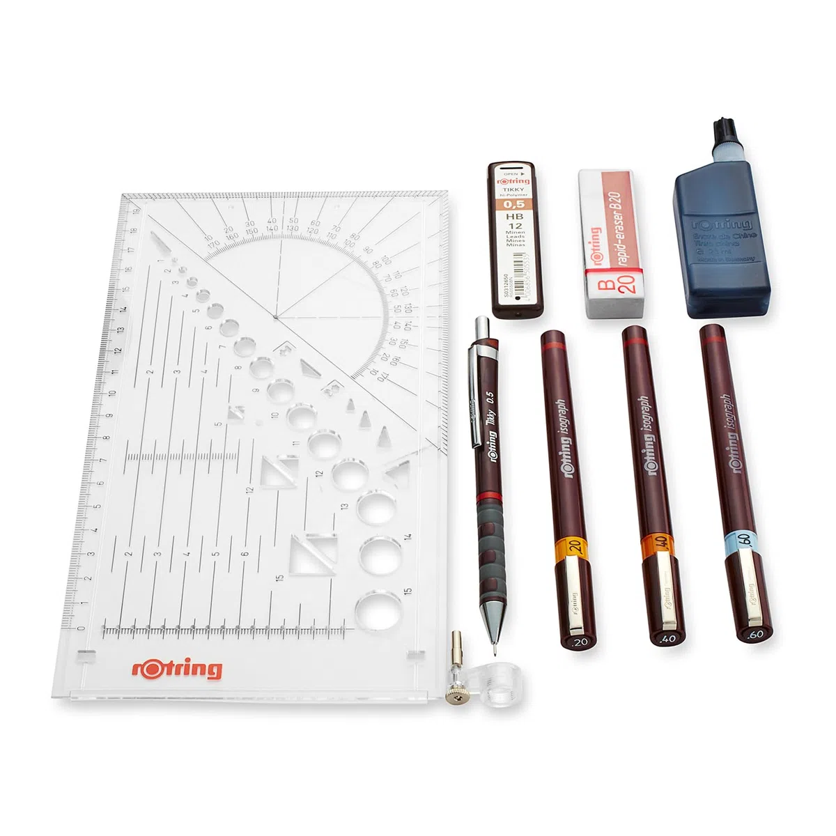 rOtring Isograph S0699390-3 - Juego de bolígrafos técnicos (0,20 mm, 0,40 mm, 0,60 mm) y portaminas (0,5 mm), accesorios con cuaderno negro